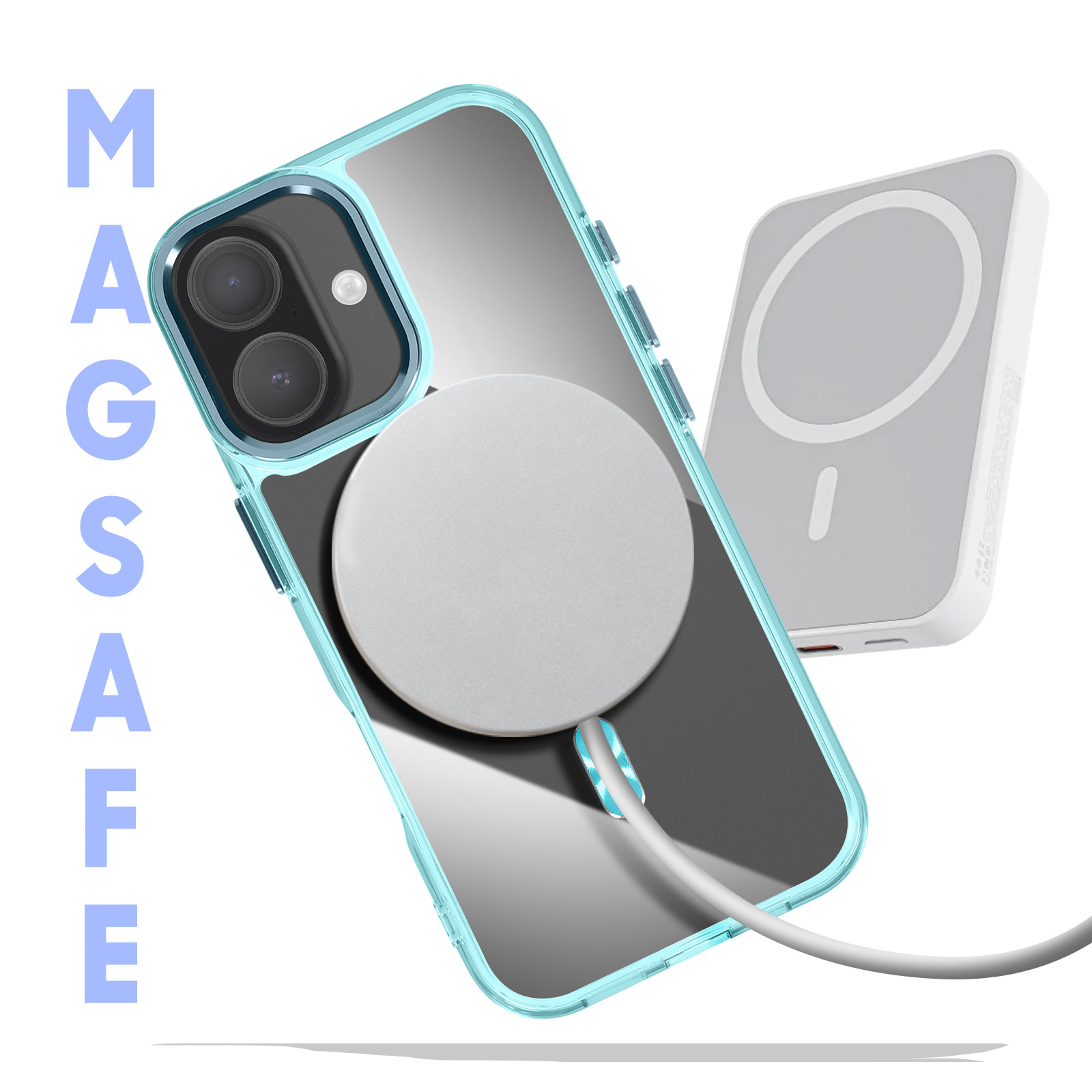 Un iPhone dans un étui avec chargeur MagSafe et batterie externe sur fond blanc. Texte MAGSAFE.