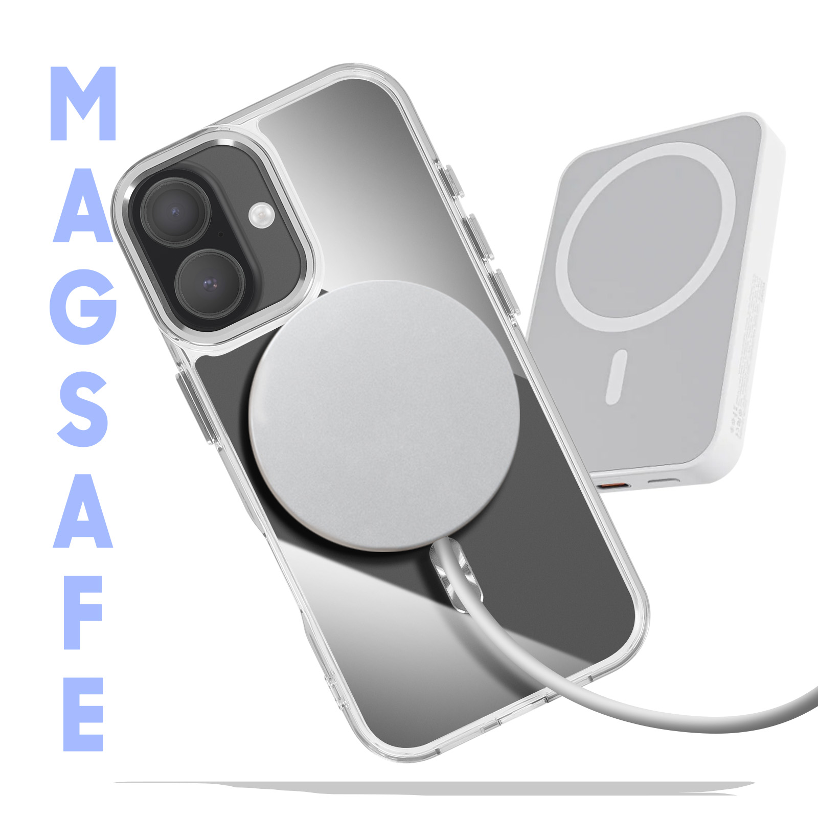 Een telefoon in een doorzichtige hoes met een MagSafe-oplader en een powerbank. Het woord MAGSAFE staat verticaal.