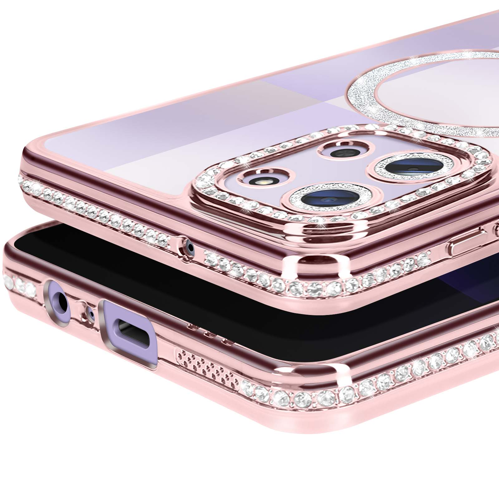 Roségouden telefoonhoesje met glinsterende edelstenen. Voorzien van camera-uitsparingen en een met edelstenen bezette ring.