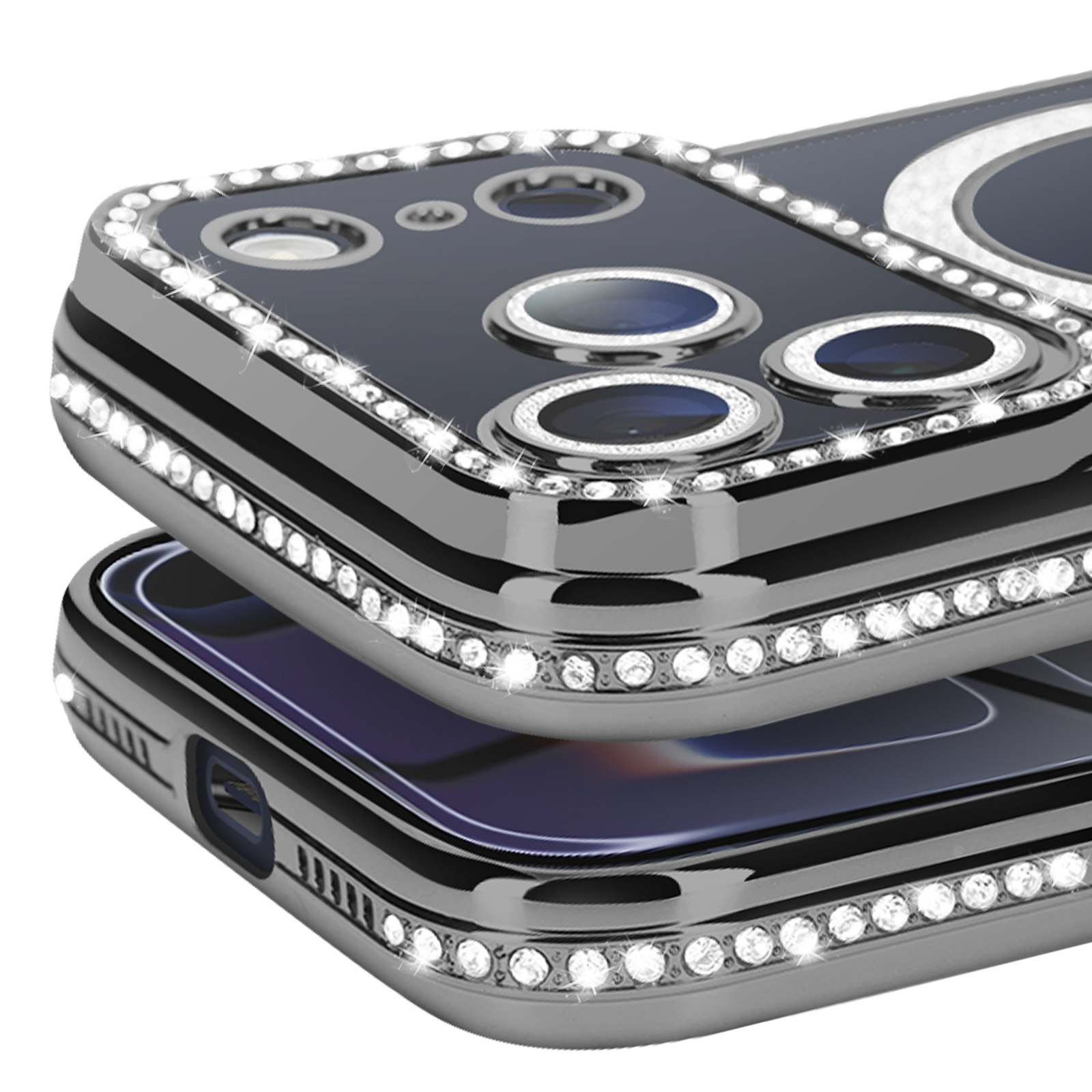 Gros plan de deux coques de téléphone, l'une sur l'autre. Les deux sont argentées avec des ornements en forme de diamant sur les bords.