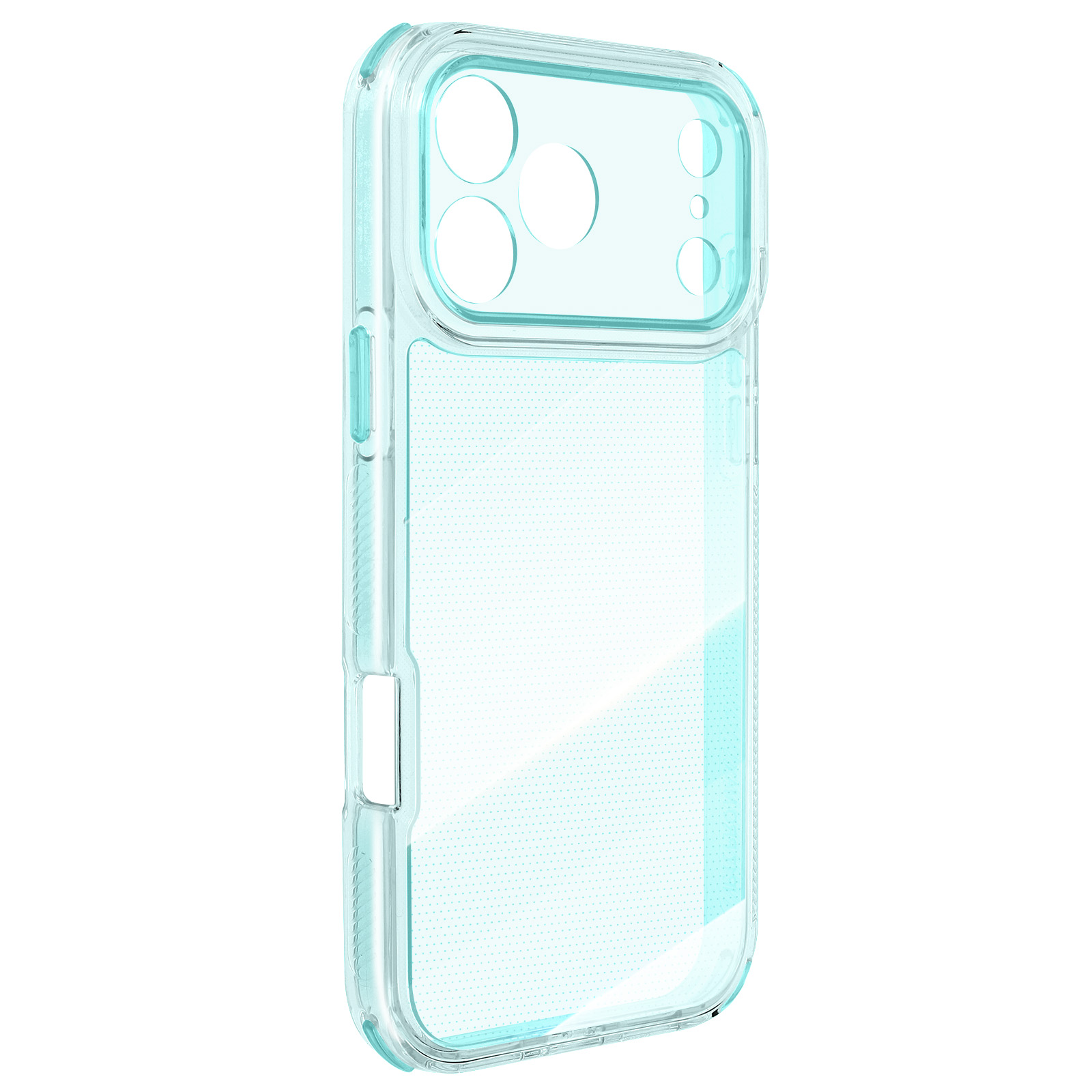 Transparente türkisfarbene Handyhülle. Mit Kameraausschnitten, Knopfabdeckungen und einer gepunkteten Textur. Transparent mit weißem Hintergrund.