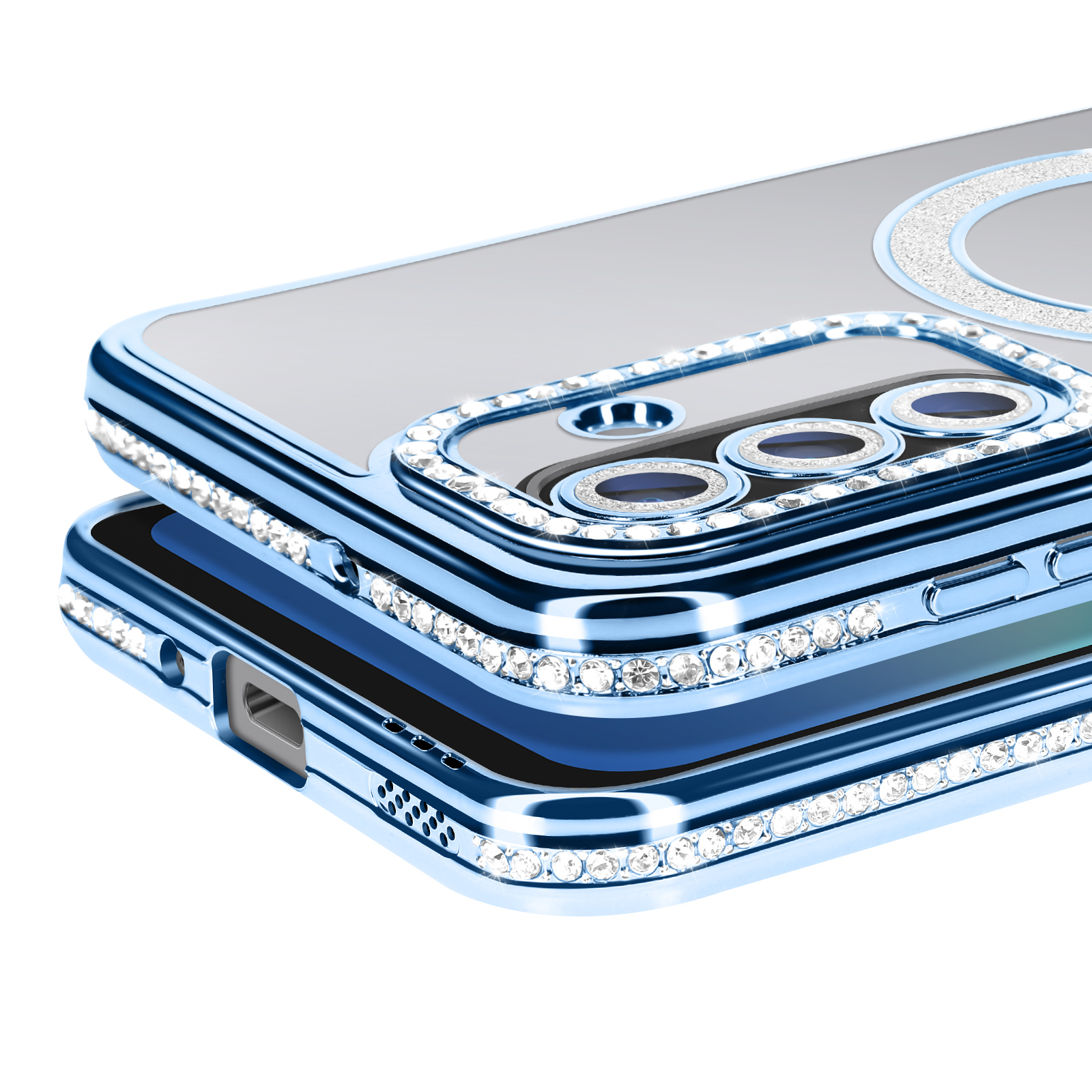 Coque de téléphone bleue avec strass. Détails : objectifs de caméra, un anneau et une finition brillante.