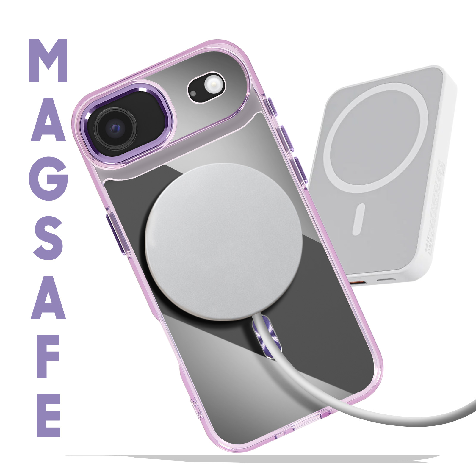 Un téléphone dans un étui violet avec un chargeur MagSafe et une banque d'alimentation. Le texte "MAGSAFE" est aligné verticalement.