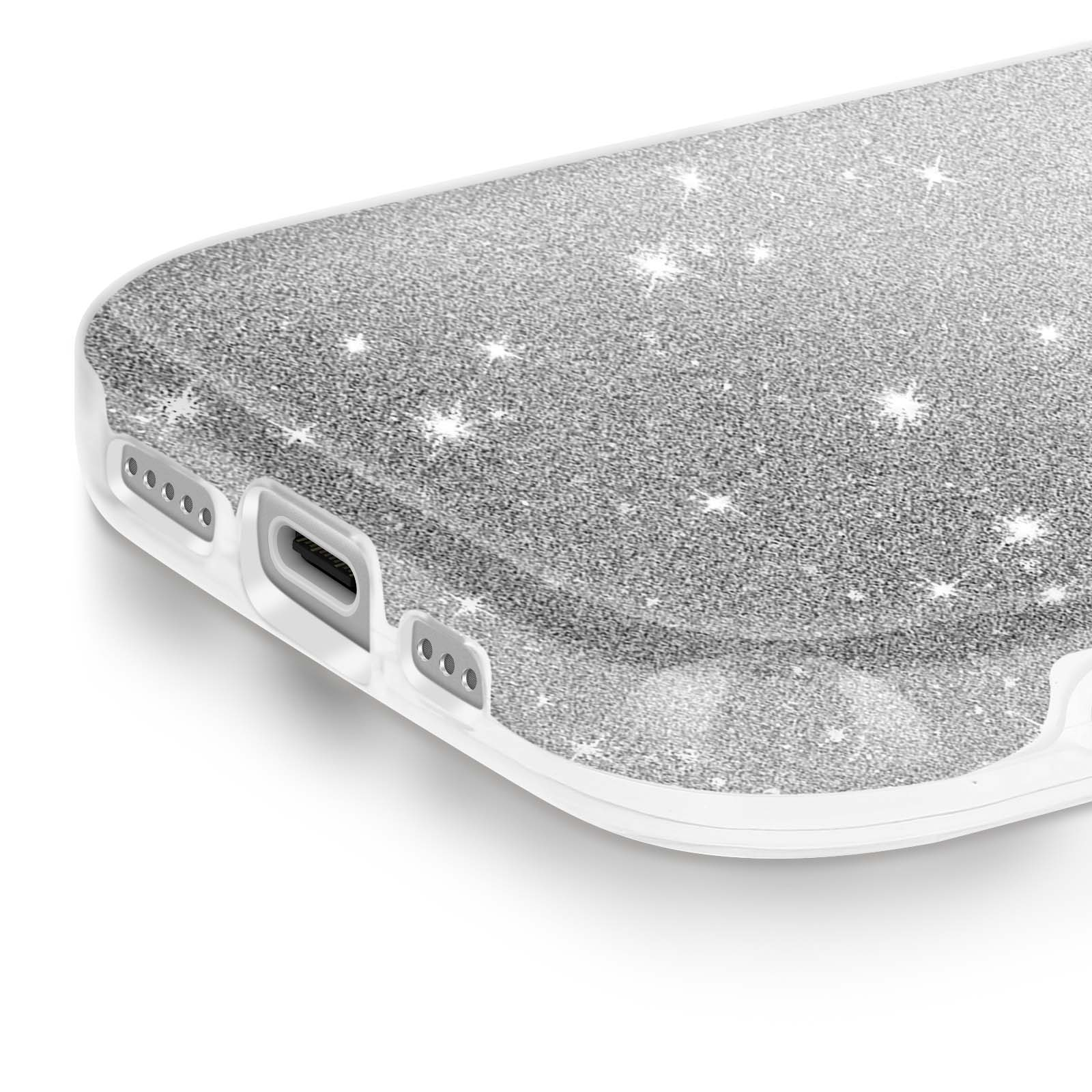 Close-up van een telefoonhoesje met een sprankelend zilver design. Het heeft witte randen en uitsparingen.