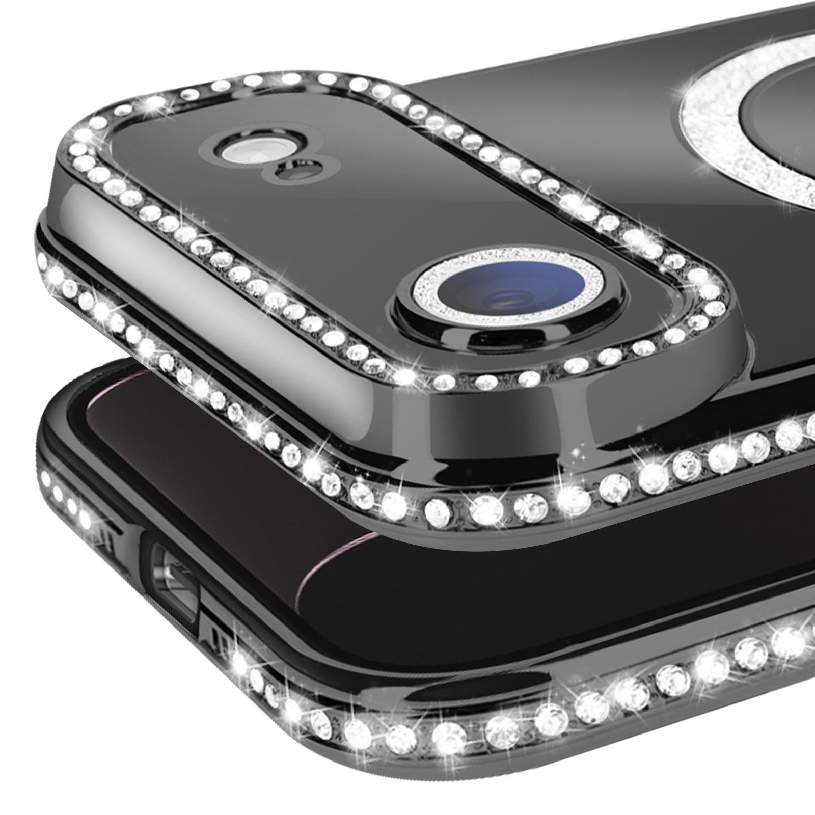 Close-up van een zwarte telefoonhoes met ingebedde strass-steentjes. De hoes omringt de cameralens en de randen van de telefoon.