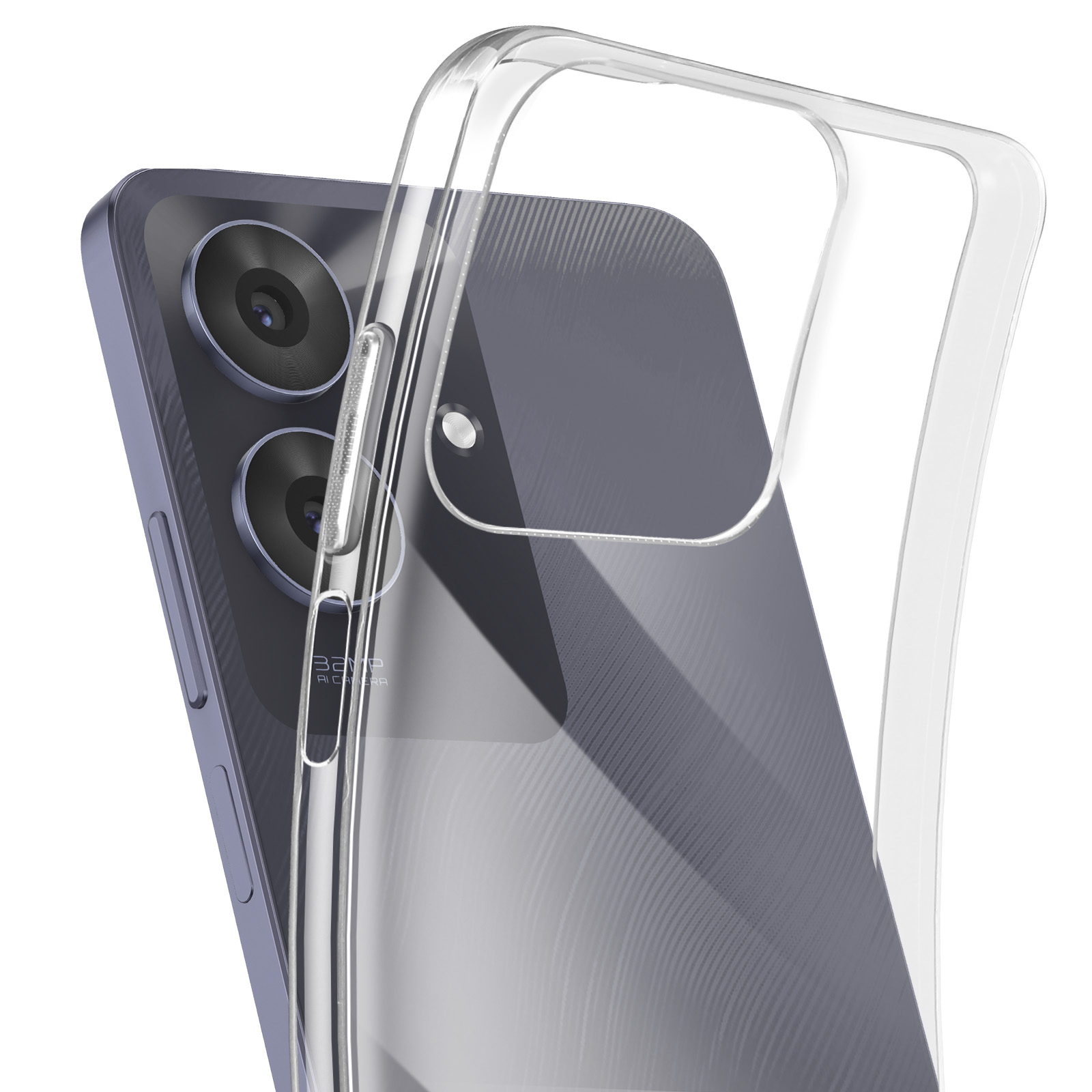 Una custodia trasparente per telefono copre parzialmente un telefono con doppia fotocamera. Il telefono è grigio, la custodia trasparente, su sfondo bianco.
