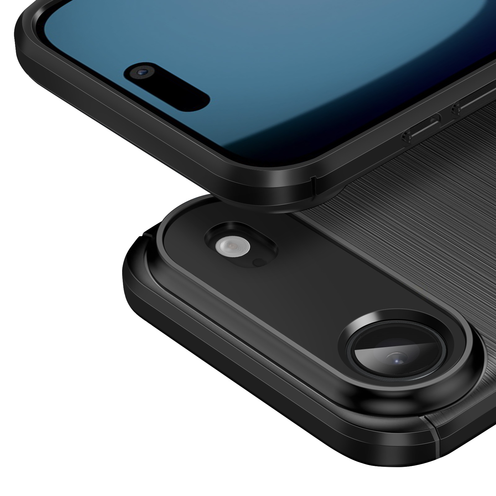 Primo piano di una custodia nera per telefono con obiettivo e schermo. La custodia ha un retro strutturato.