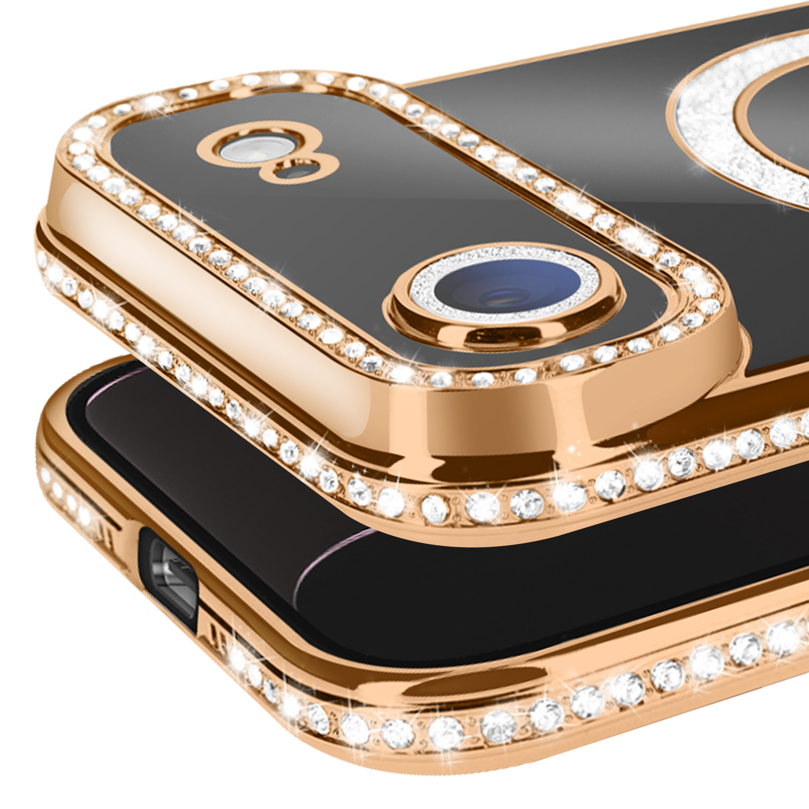 Gros plan de deux étuis de téléphone. Le supérieur est doré avec des strass sur les bords et l'appareil photo. Le fond est blanc.