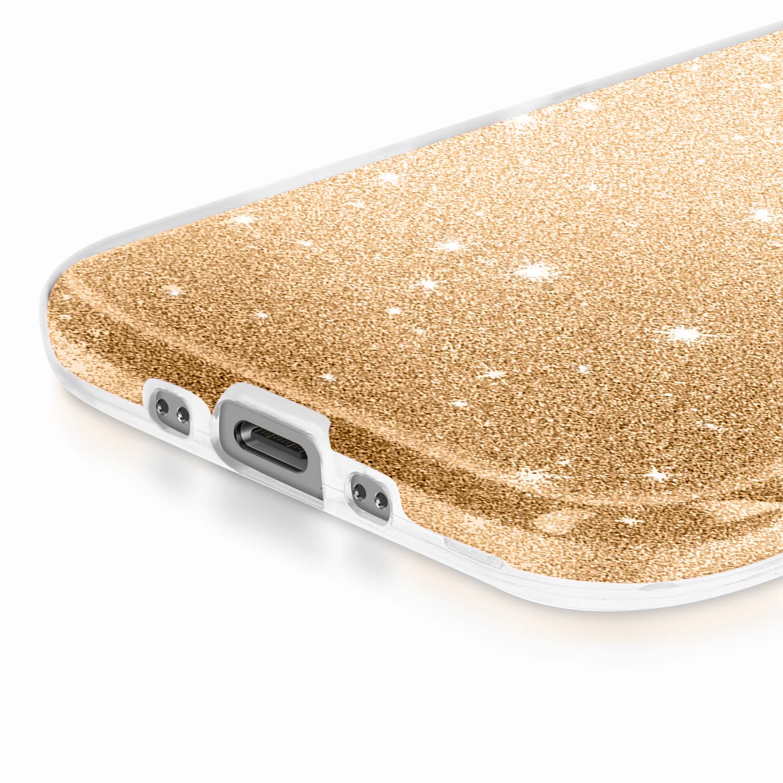 Gros plan sur une coque de téléphone avec un motif pailleté doré. La coque a un cadre blanc, montrant des ports.