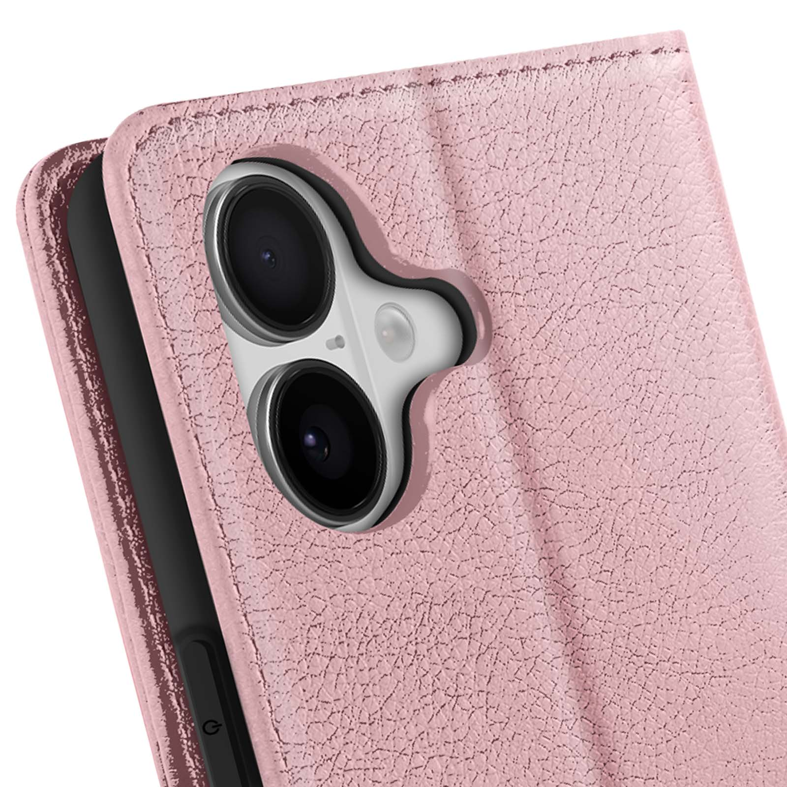 Primo piano di una custodia rosa per telefono con lenti della fotocamera. La custodia ha una superficie strutturata.