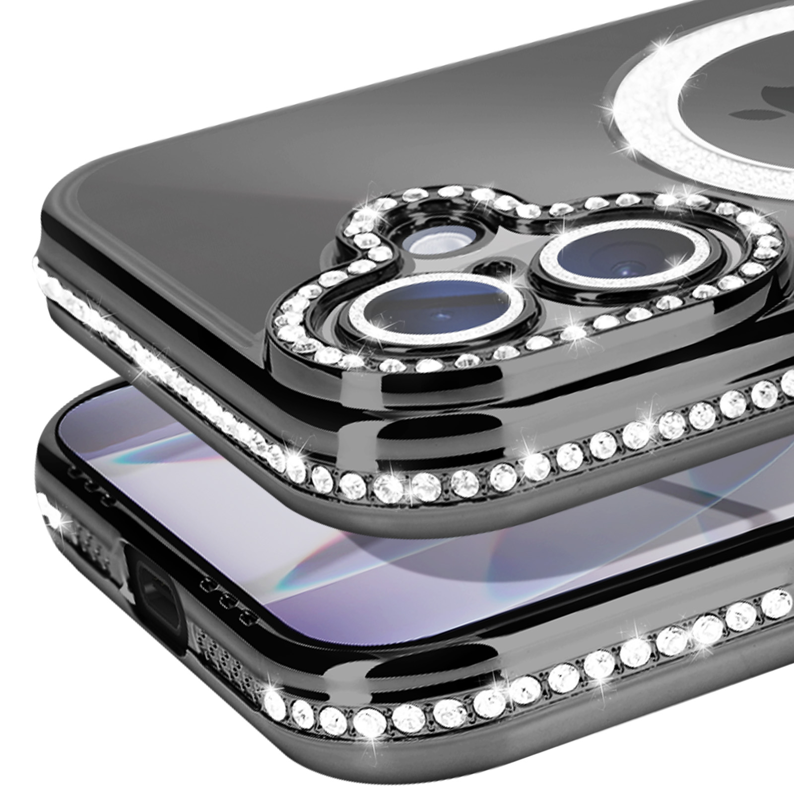 Gros plan d'une coque de téléphone. L'étui est noir avec des ornements en forme de diamant sur les bords et l'appareil photo. Brillant.