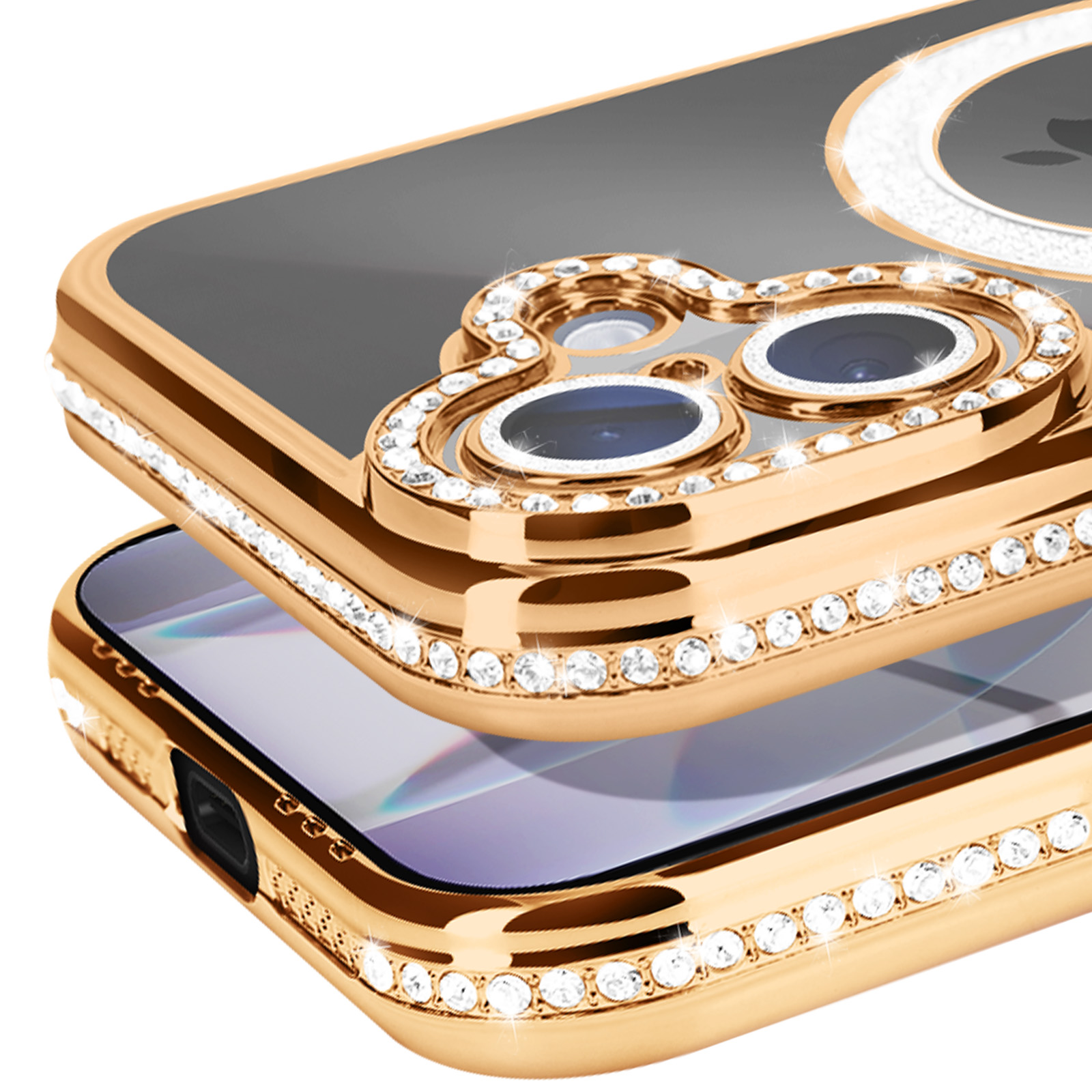 Coque de téléphone dorée avec strass. La coque a un anneau de caméra. La coque a une finition brillante.