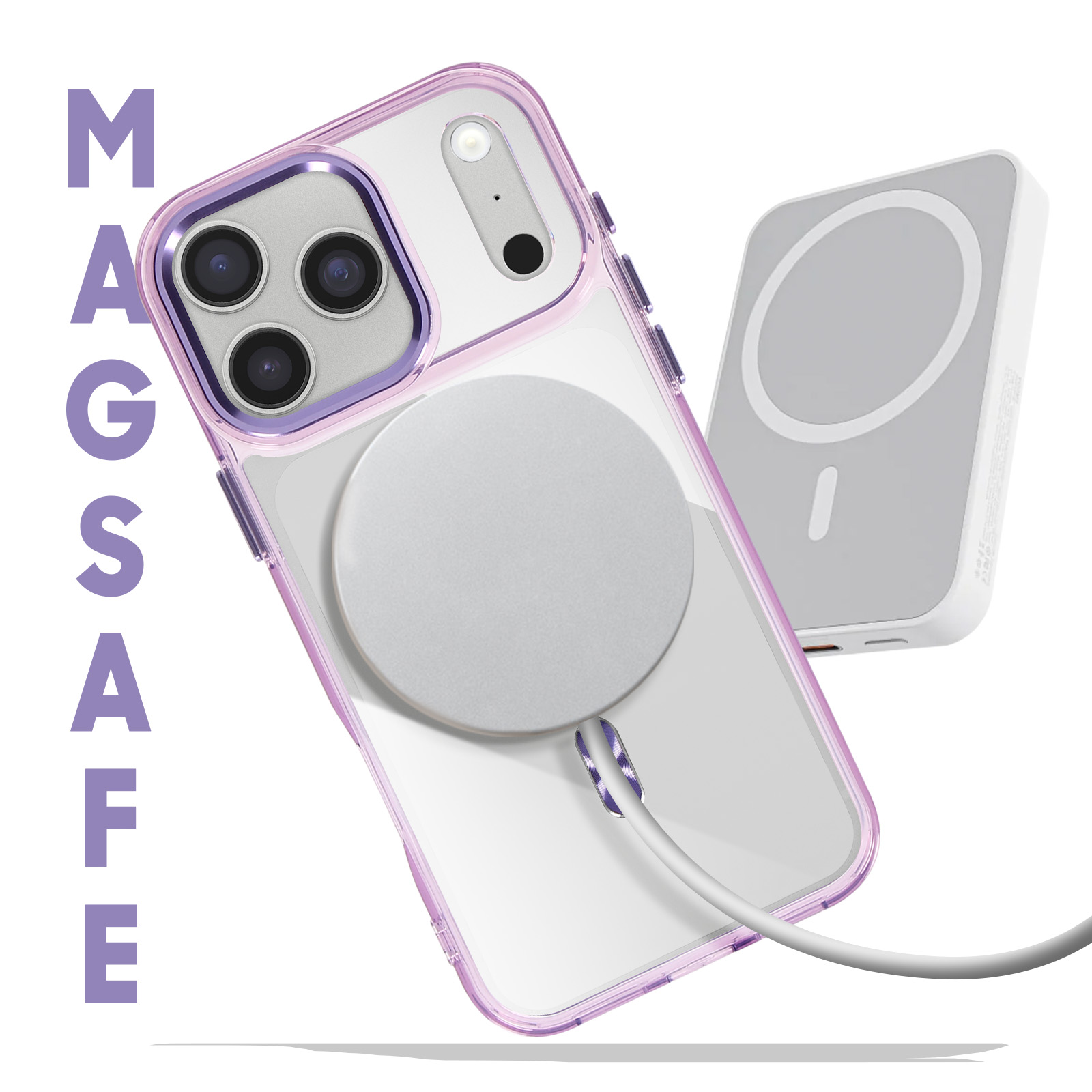 Un iPhone dans un étui à bord rose avec un chargeur MagSafe et une banque d'alimentation. Le mot MAGSAFE est à gauche.