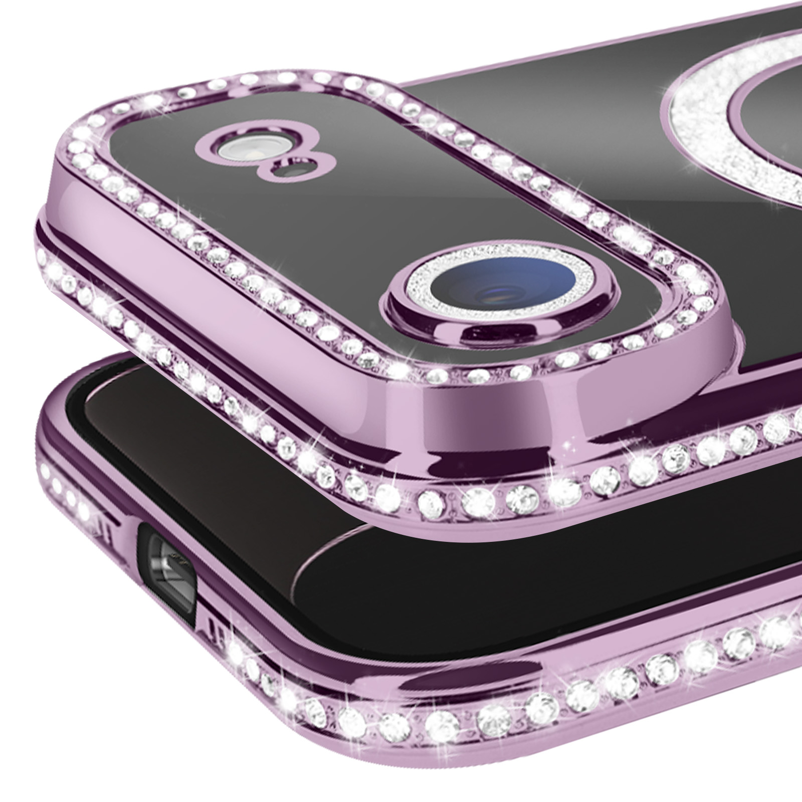 Close-up van twee telefoonhoesjes. De bovenste hoes is paars met strass-steentjes rond de randen en de camera. De onderste is vergelijkbaar.