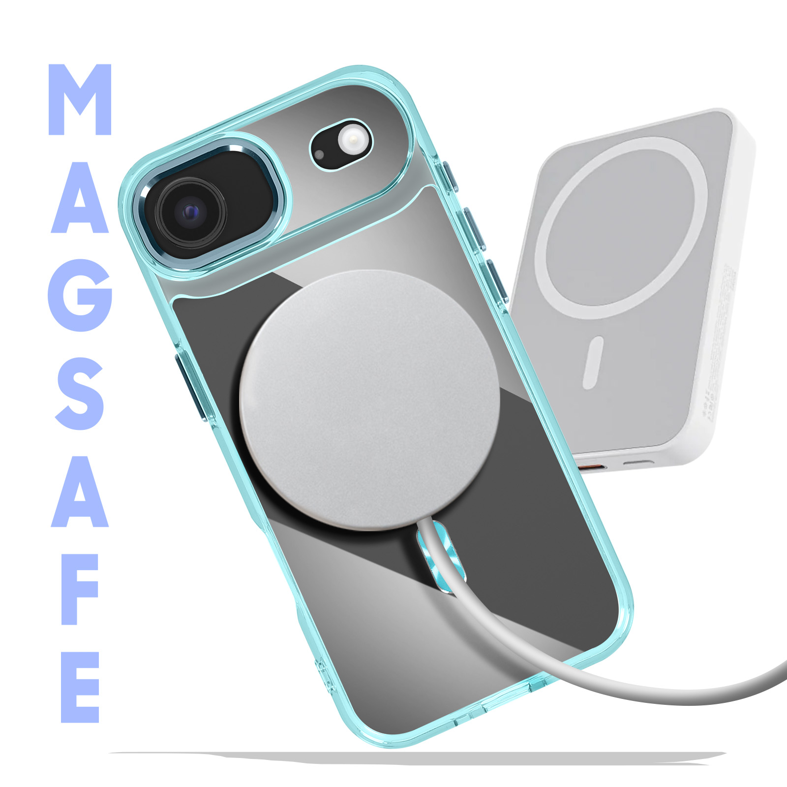 Een telefoonhoesje en een powerbank. De hoes is blauw met een witte cirkel, de powerbank is wit.