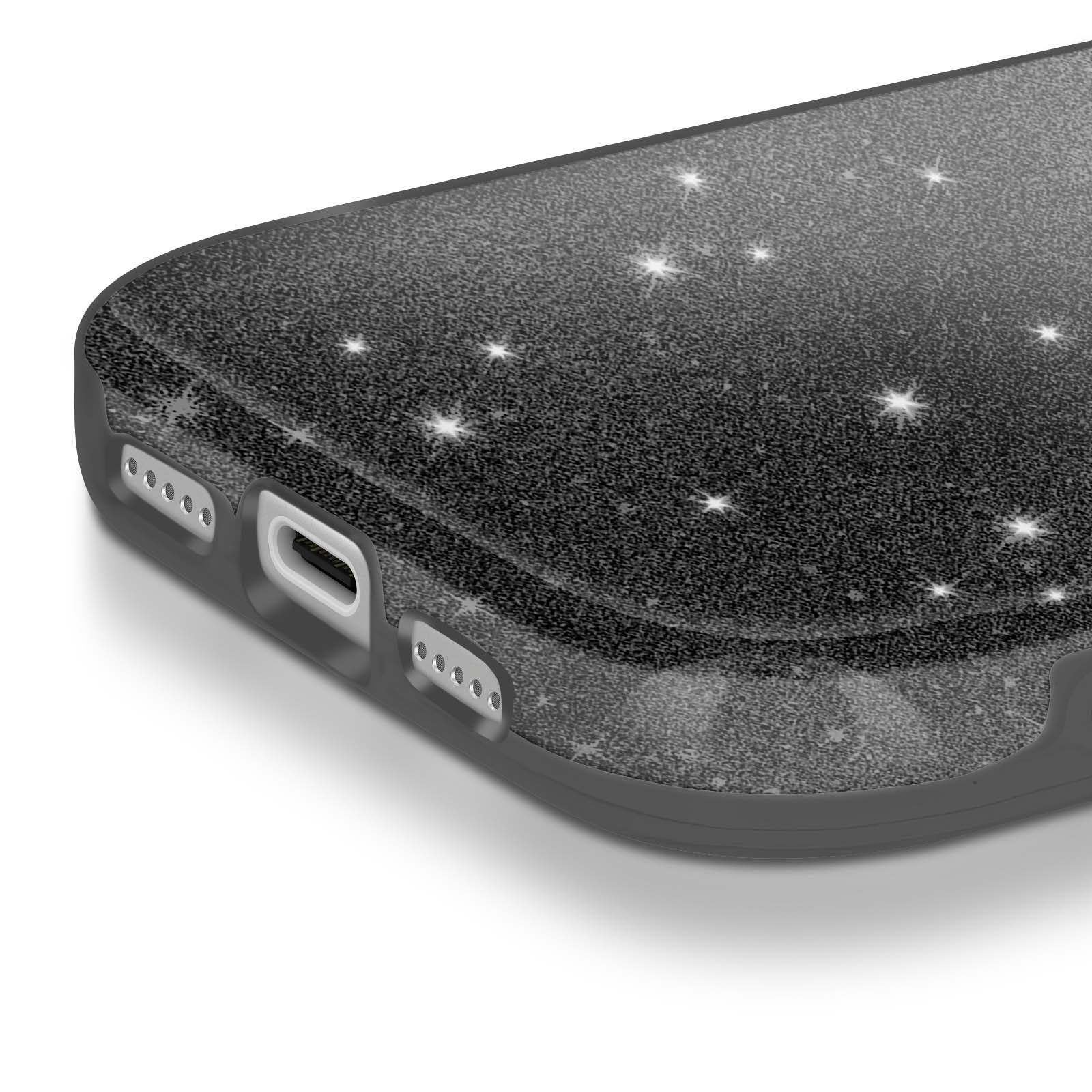Close-up van een telefoonhoesje. De hoes is zwart met glitter en stervormige sparkles. De zijkant heeft openingen.