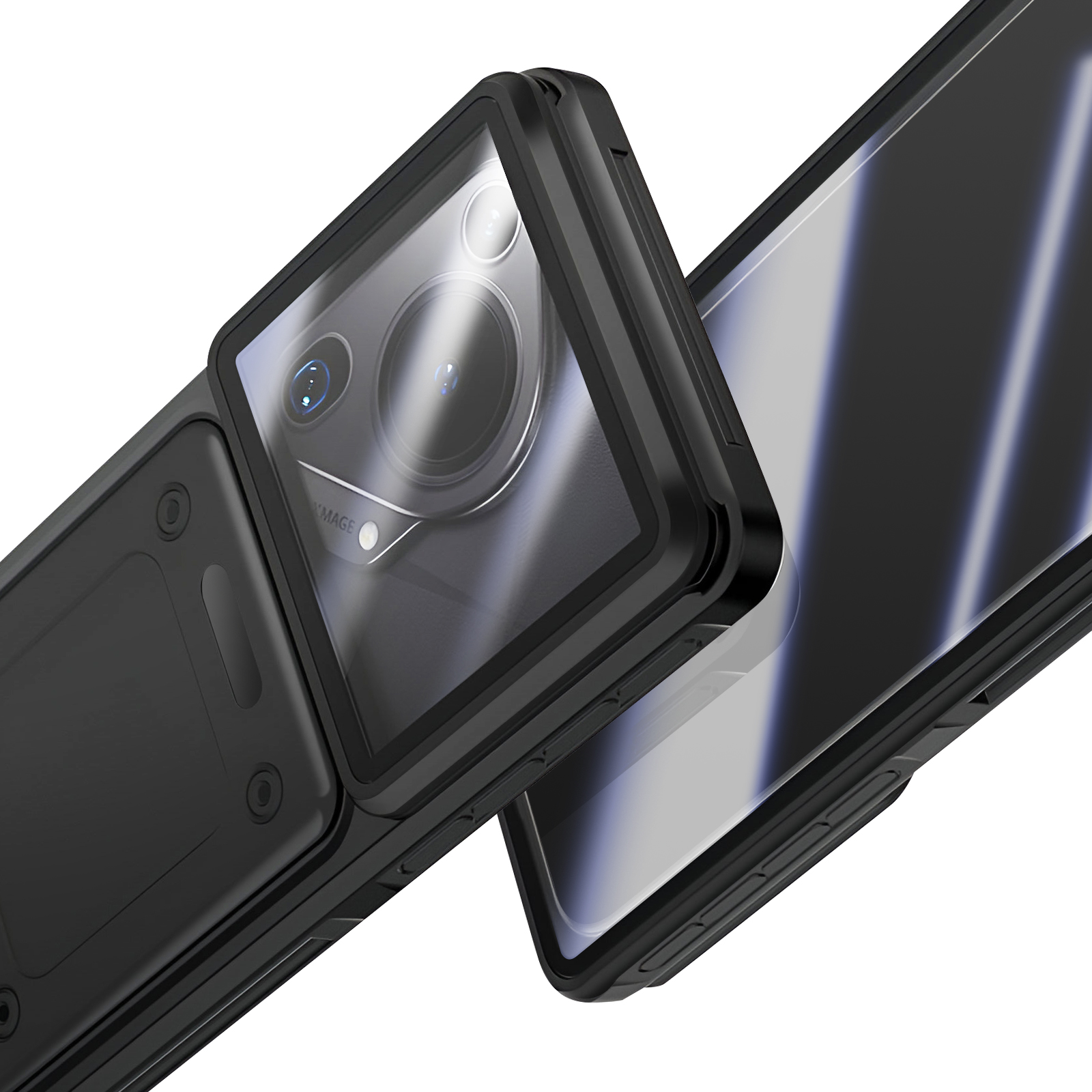 Primo piano di una custodia nera per telefono con obiettivo della fotocamera. La custodia è angolata, rivelando la fotocamera e lo schermo.