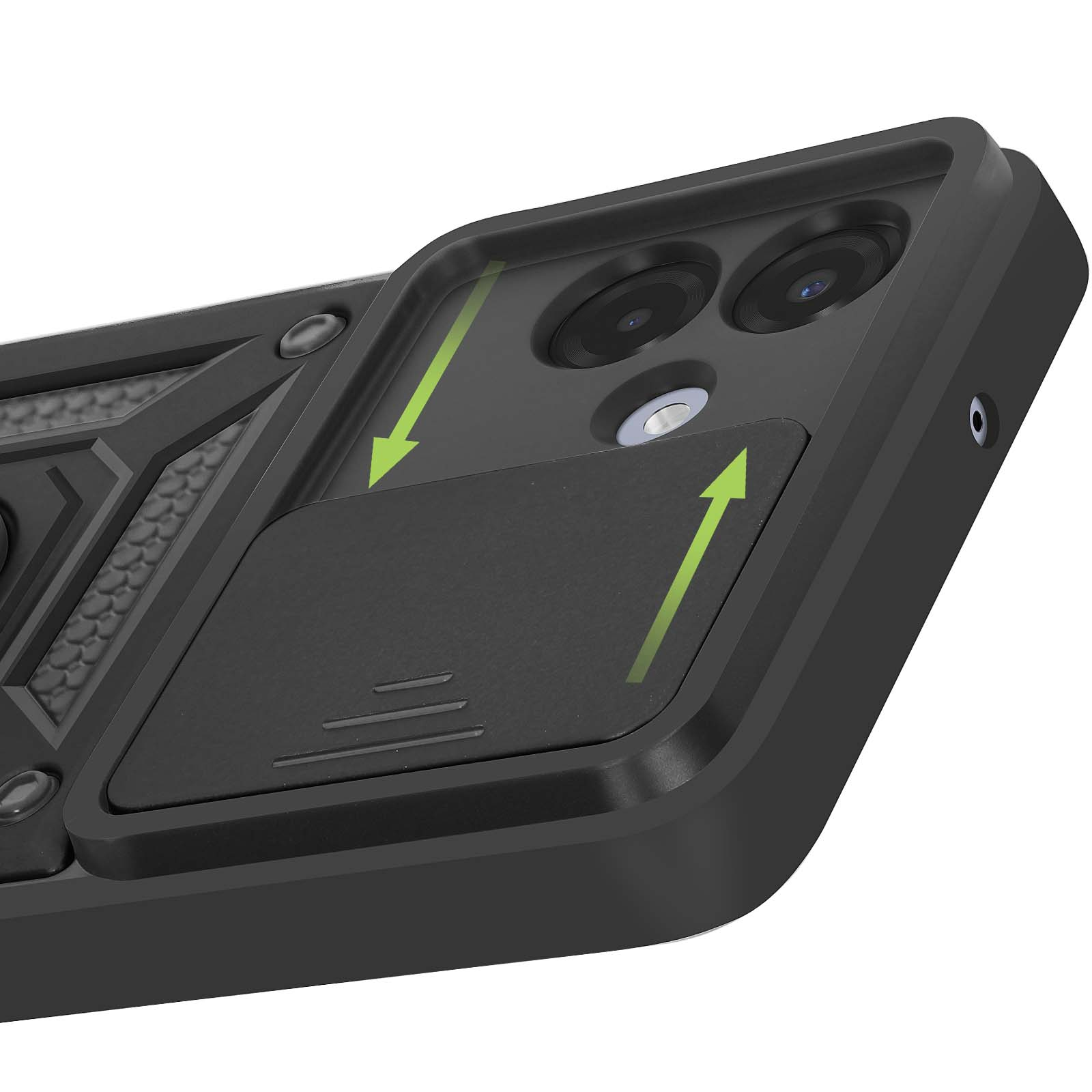 Zwarte telefoonhoes met camera-uitsparingen en een schuifklep. Groene pijlen geven de beweging aan.