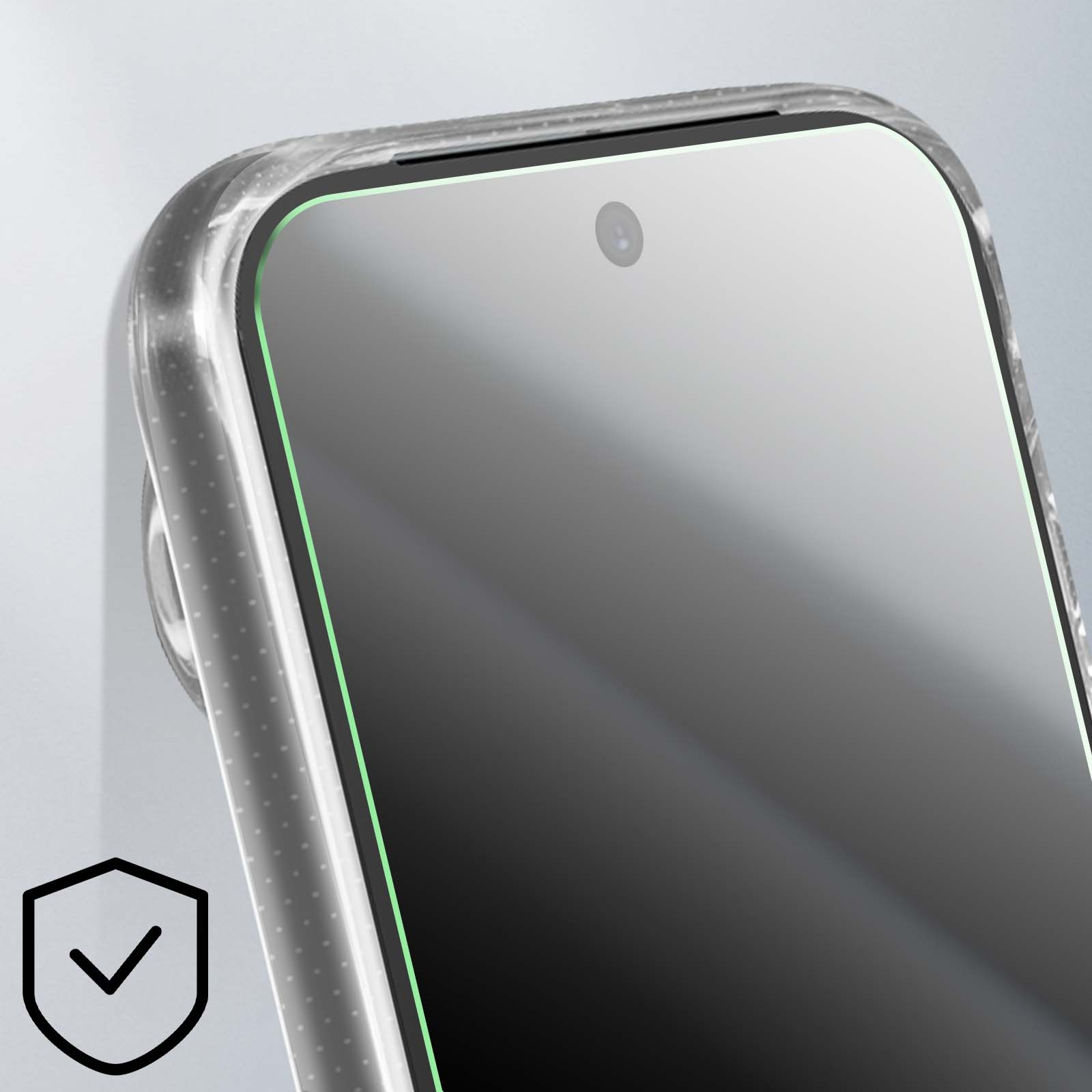 Nahaufnahme eines Telefons. Eine transparente Hülle mit grünem Rand umgibt den Bildschirm. Das Telefon hat oben eine Kamera.
