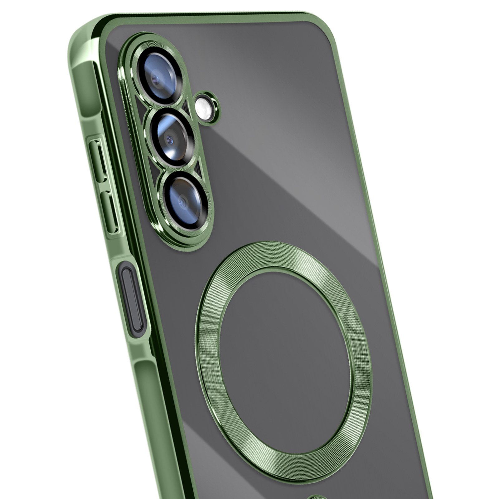 Groene telefoonhoes met cameralenzen en een cirkelvormige magnetische ring op een witte achtergrond.