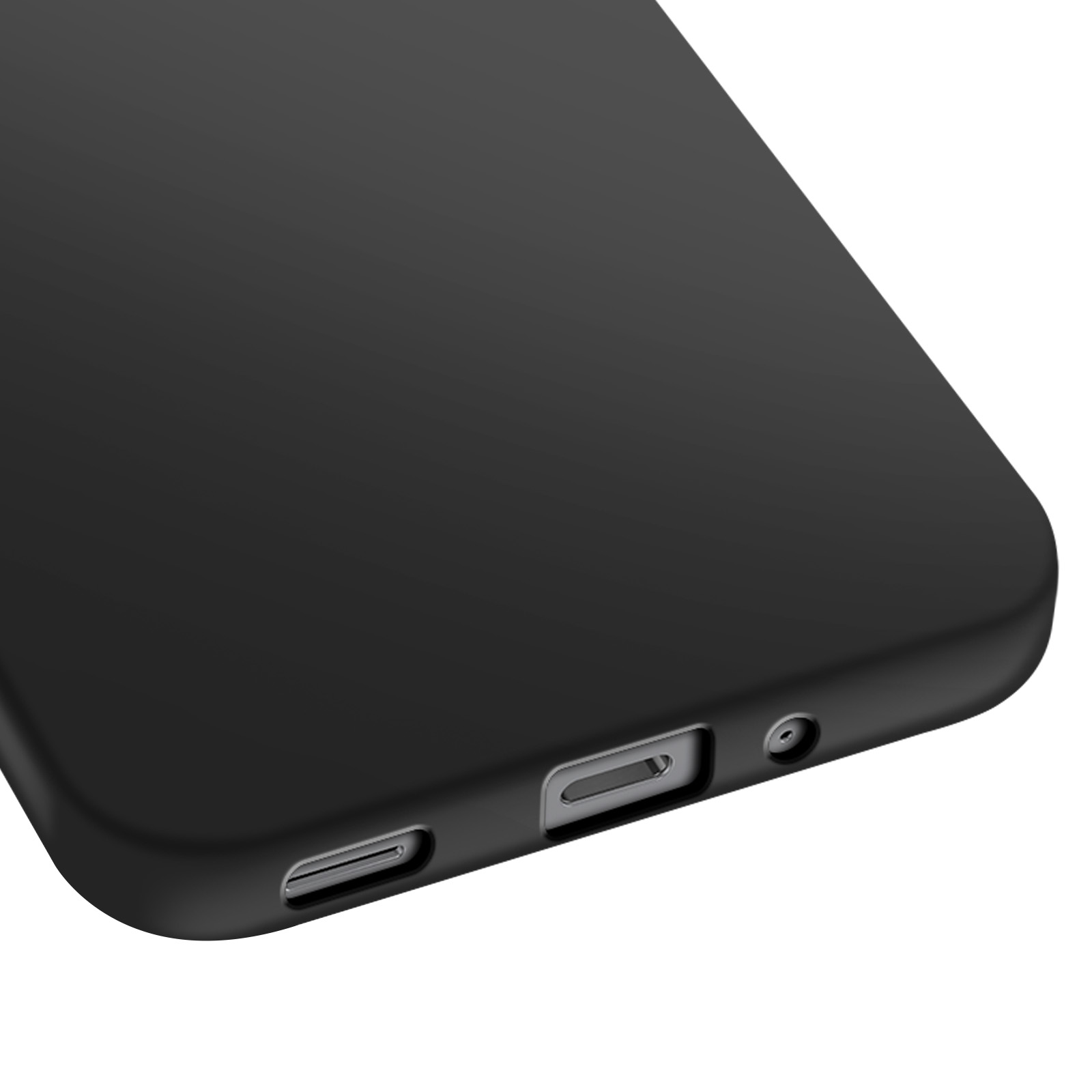 Gros plan sur une coque de téléphone noire. Des ports et des trous sont visibles, dont un port de chargement et une prise casque.