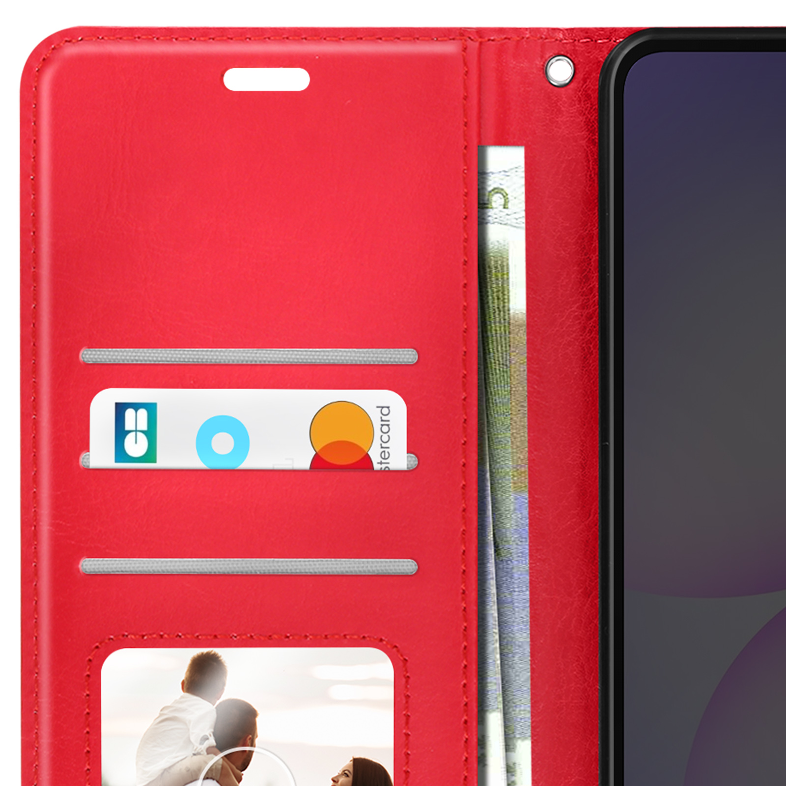 Étui de téléphone rouge ouvert. Contient une carte, de l'argent et une photo. Un téléphone est visible à droite.