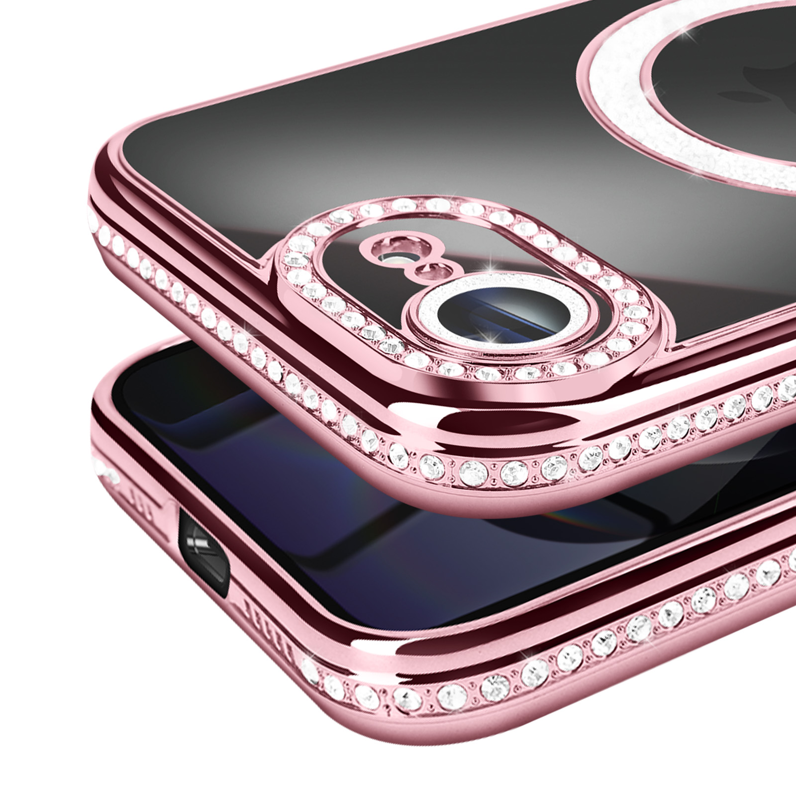 Close-up van een roségouden telefoonhoesje met strass. De hoes zit op een zwart scherm.