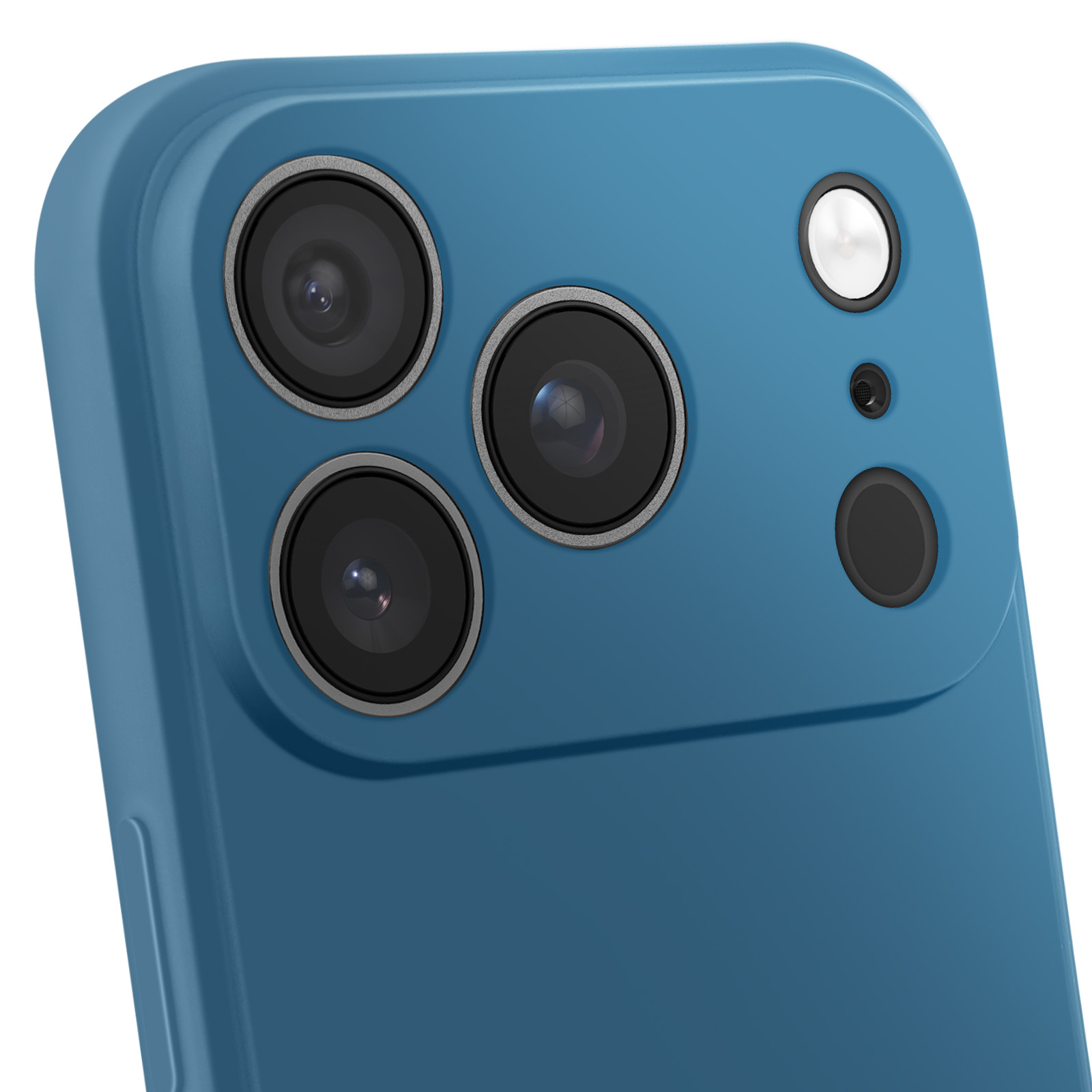 Primo piano del retro di uno smartphone blu. Tre obiettivi, un flash e un piccolo cerchio nero.
