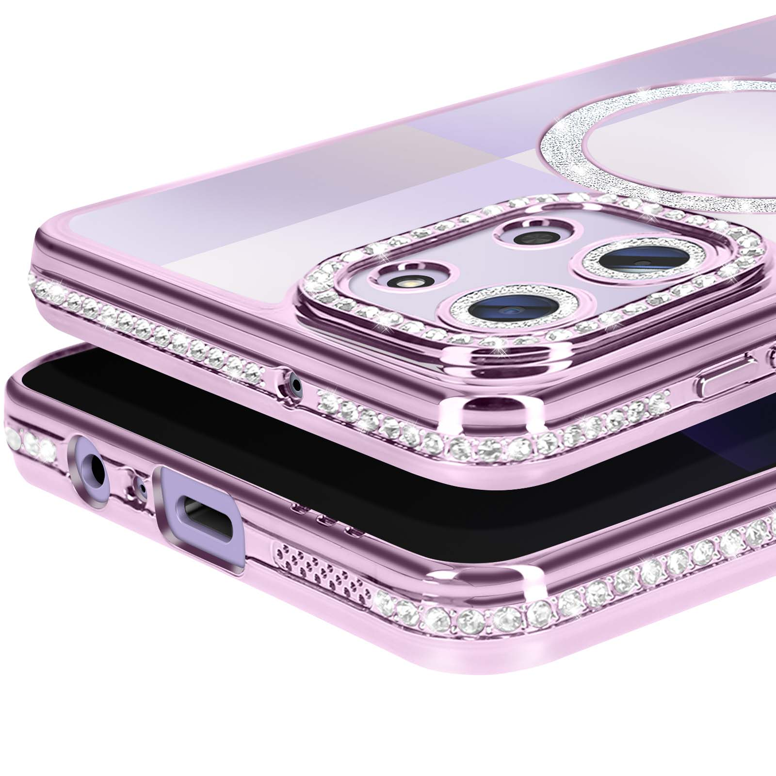 Roze telefoonhoesje met heldere strass-steentjes. De hoes heeft een uitsparing voor de camera met strass-steentjes en een doorzichtige achterkant.