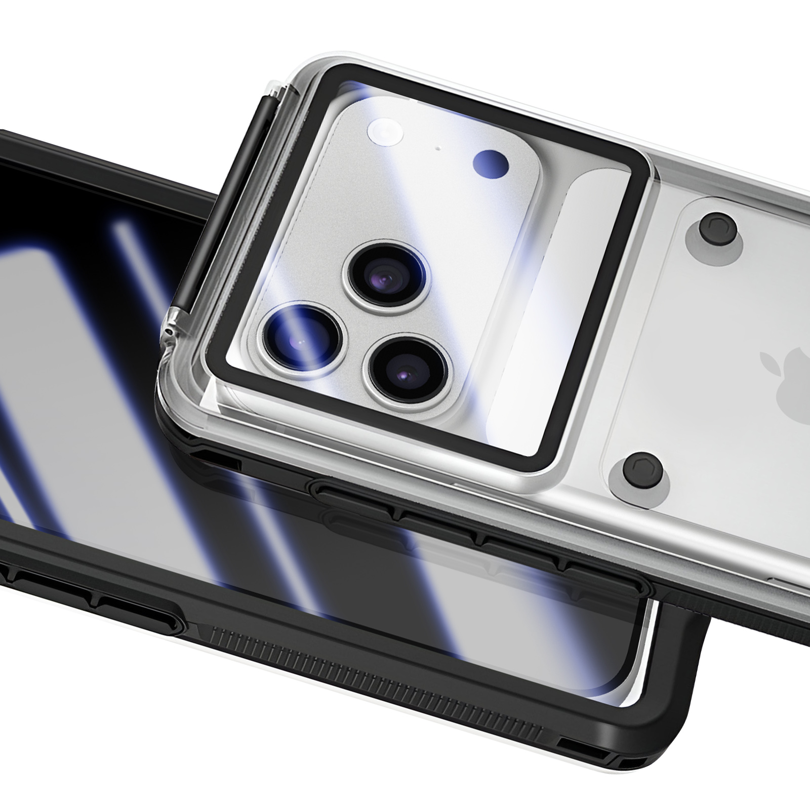 Nahaufnahme eines Telefons in einer durchsichtigen Hülle. Kameras, ein schwarzer Rahmen und das Apple-Logo sind sichtbar. Der Hintergrund ist weiß.