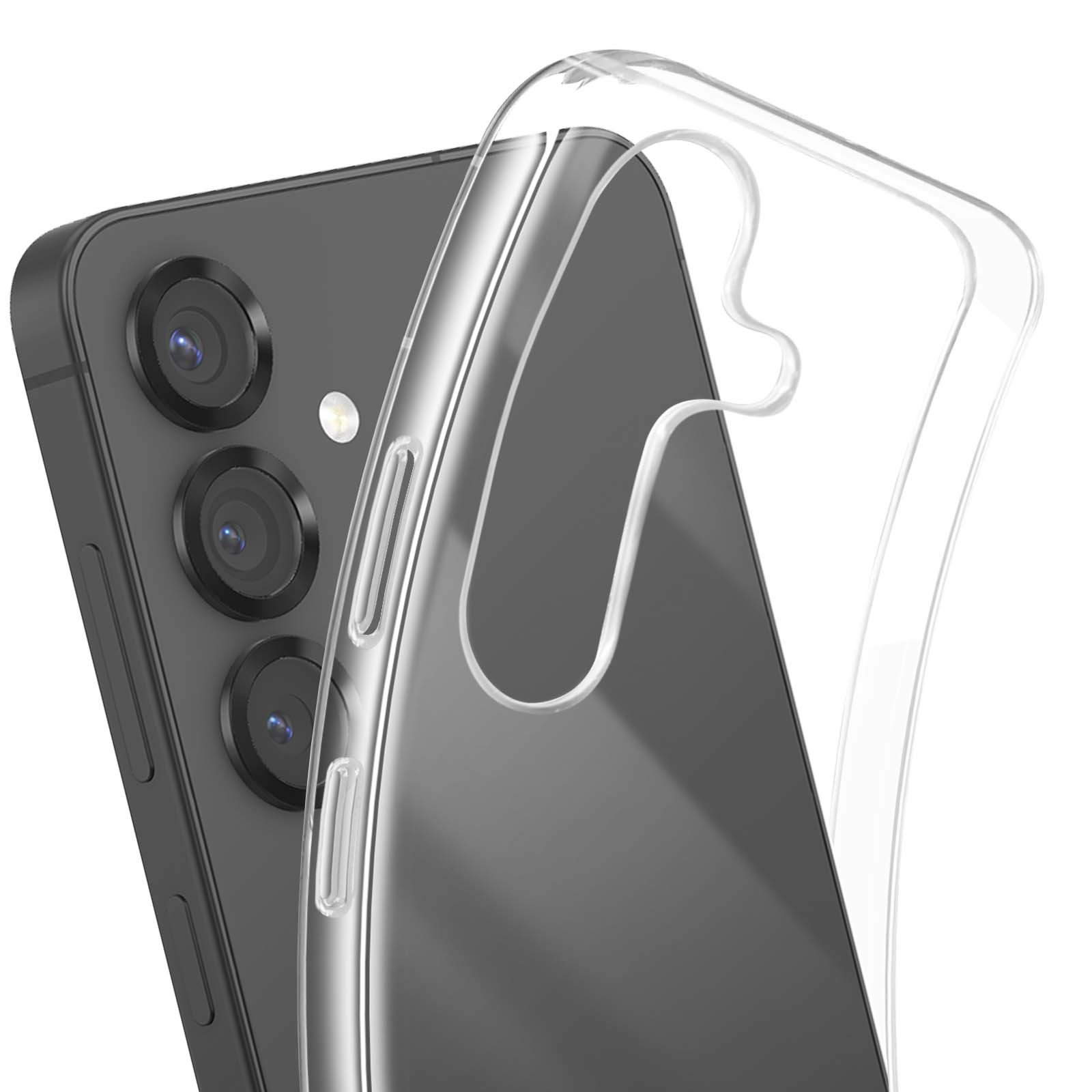 Uno smartphone con una custodia protettiva trasparente. Il telefono ha tre obiettivi. La custodia è trasparente.