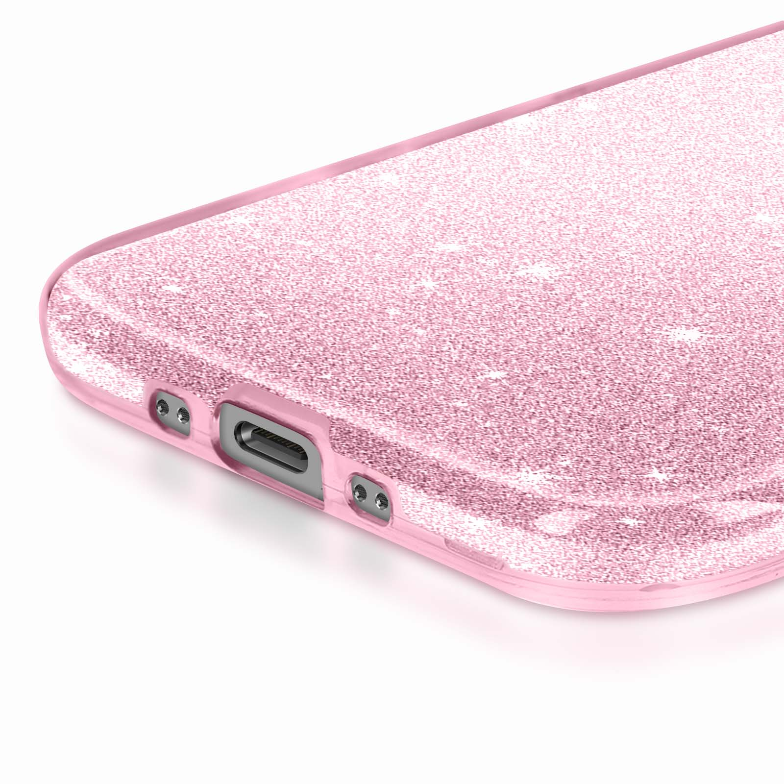Close-up van een roze glittertelefoonhoesje. Het heeft een oplaadpoort en twee gaten. De achtergrond is wit.