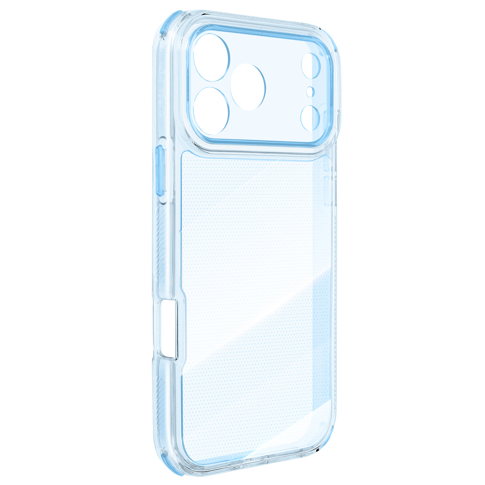 Une coque de téléphone transparente bleu clair. Elle a des trous pour l'appareil photo et les boutons. Fond blanc.