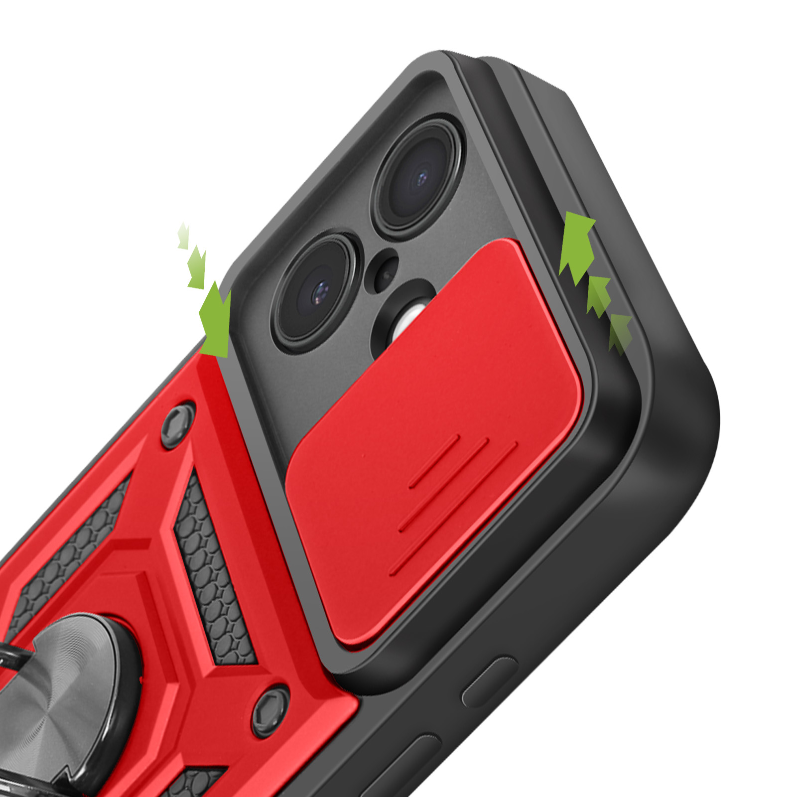 Primo piano di una custodia per telefono con design rosso e nero. Frecce verdi indicano le funzioni.