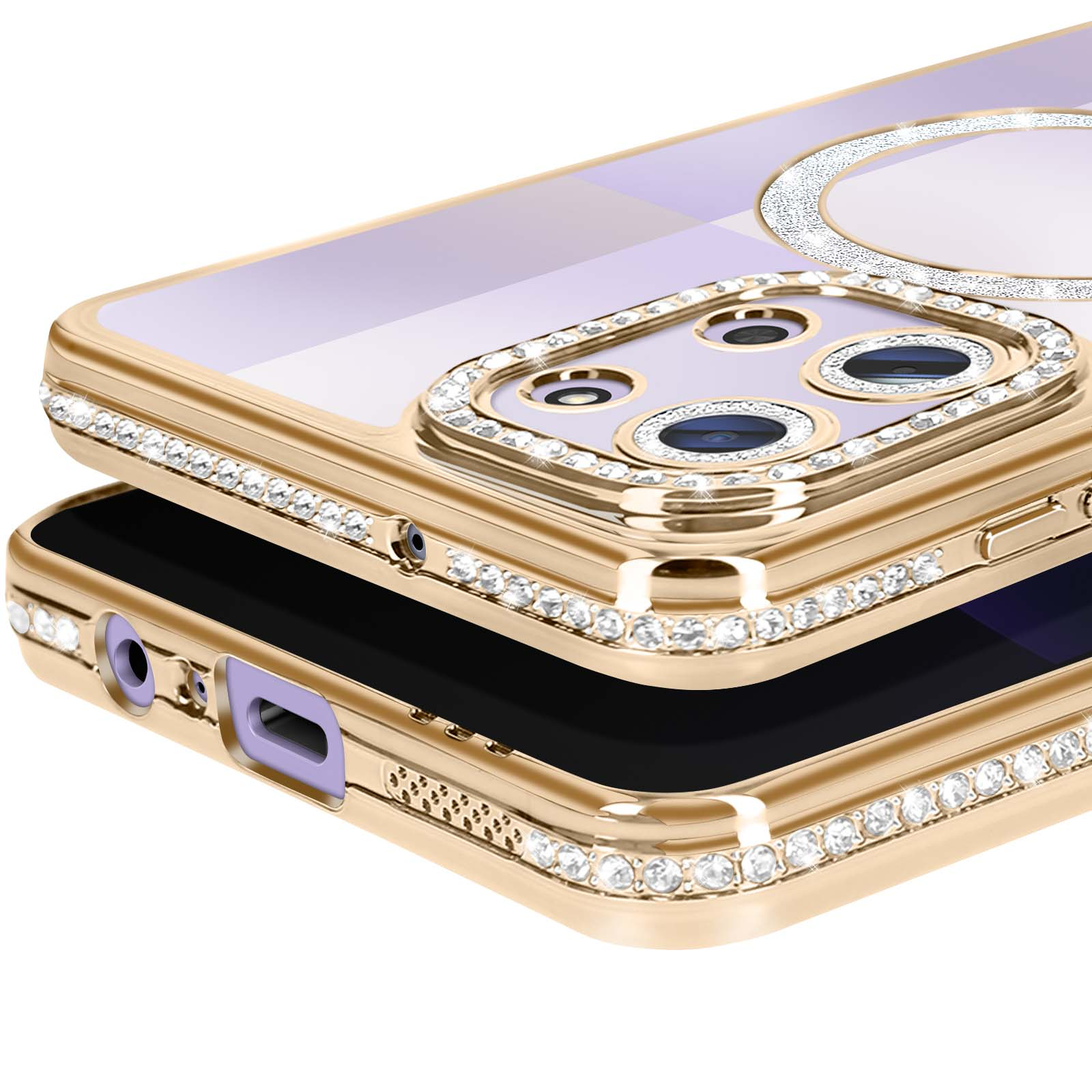 Close-up van een gouden telefoonhoesje met strass-steentjes. Het heeft een camera-uitsparing met meerdere lenzen en een glanzende cirkel.