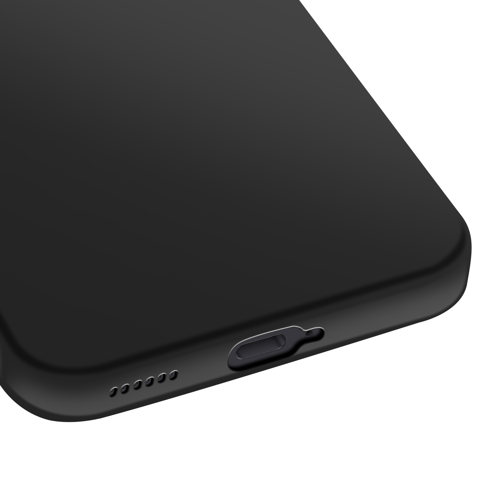Close-up van de onderrand van een zwarte telefoon. Het heeft een oplaadpoort en luidsprekergaten, op een witte achtergrond.