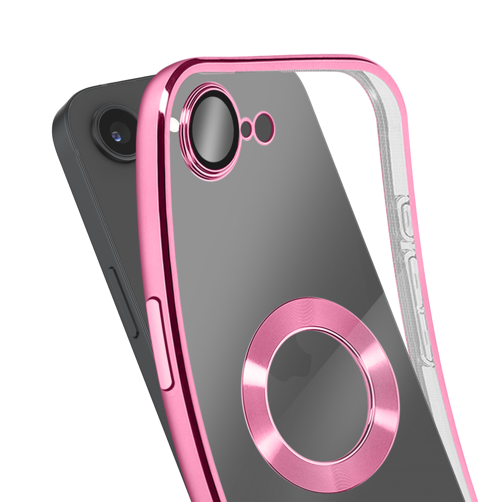 Coque de téléphone rose avec dos transparent, accents roses métalliques. Le téléphone est gris, avec un objectif.