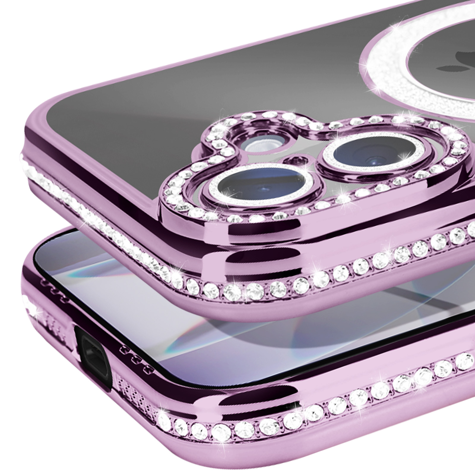 Gros plan sur une coque de téléphone rose avec une bague de caméra incrustée de diamants. Le boîtier est superposé.