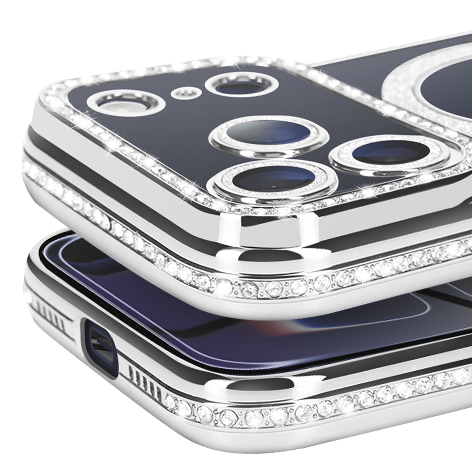 Close-up van twee telefoonhoesjes, zilver met ingebedde kristallen. Donkerblauw scherm zichtbaar. Glanzend oppervlak.