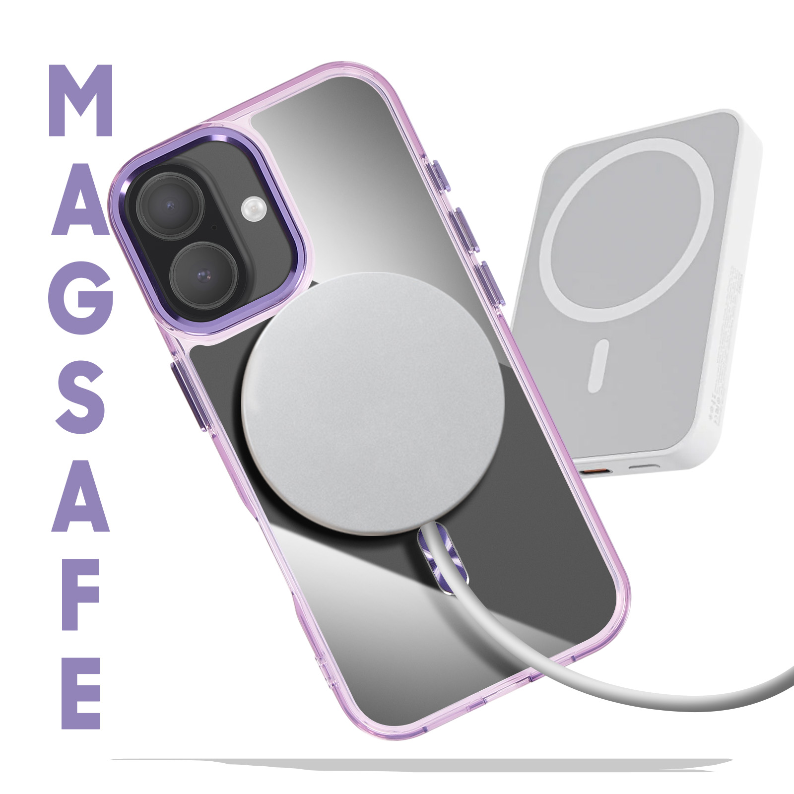 iPhone dans un étui transparent avec accessoires MagSafe. Un chargeur sans fil et une batterie externe sont également visibles.
