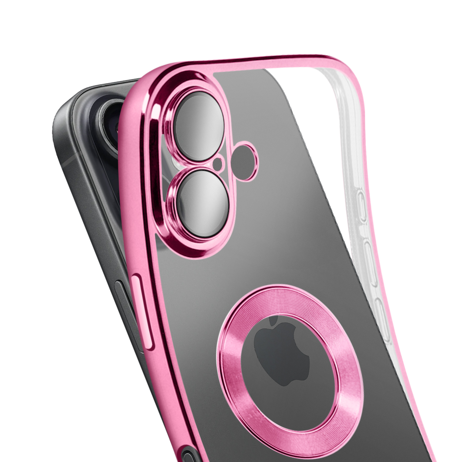 Een telefoonhoesje met een roze metalen frame en accenten. De telefoon is zichtbaar door helder plastic.