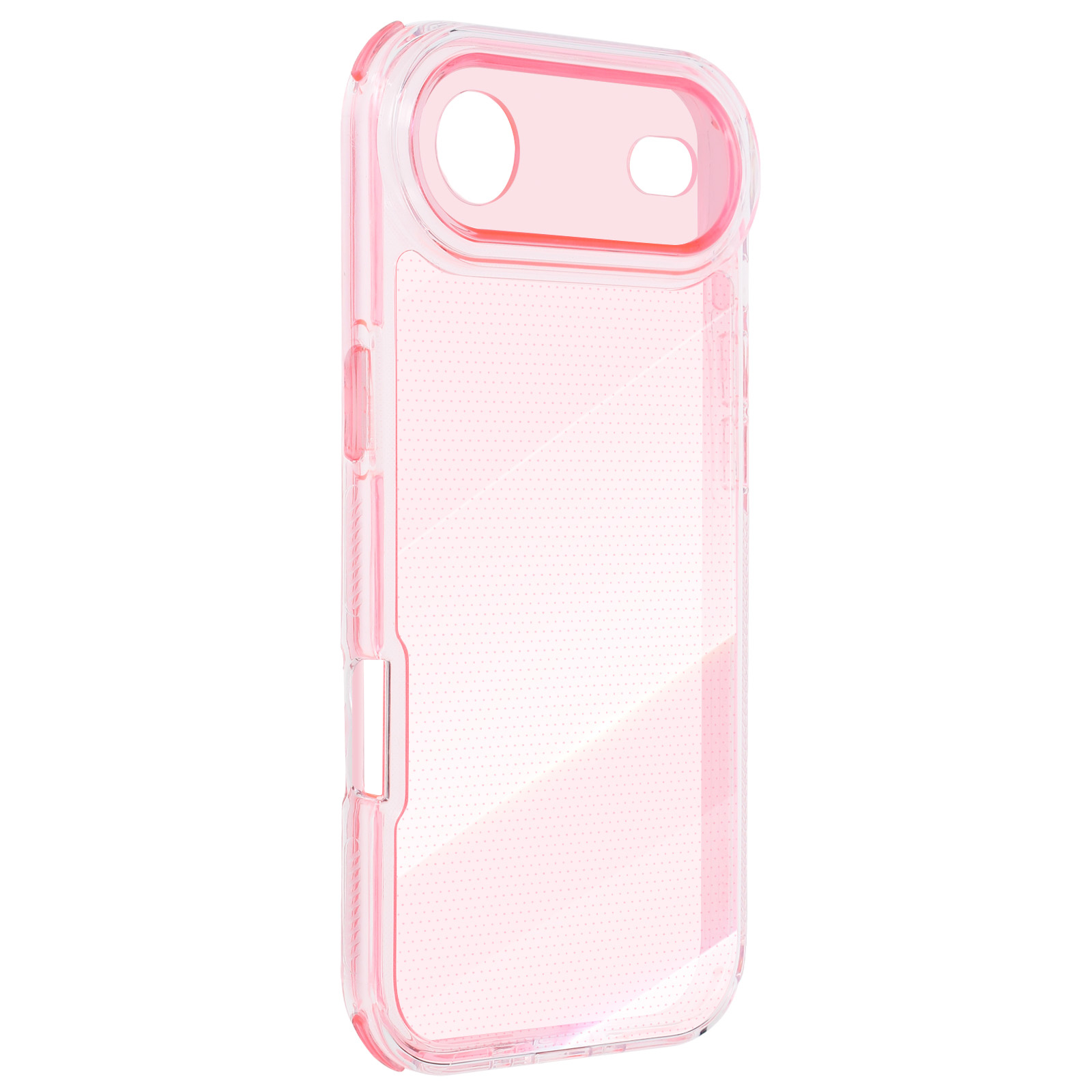 Una custodia rosa trasparente con un ritaglio per la fotocamera e un interno a pois, su sfondo bianco.