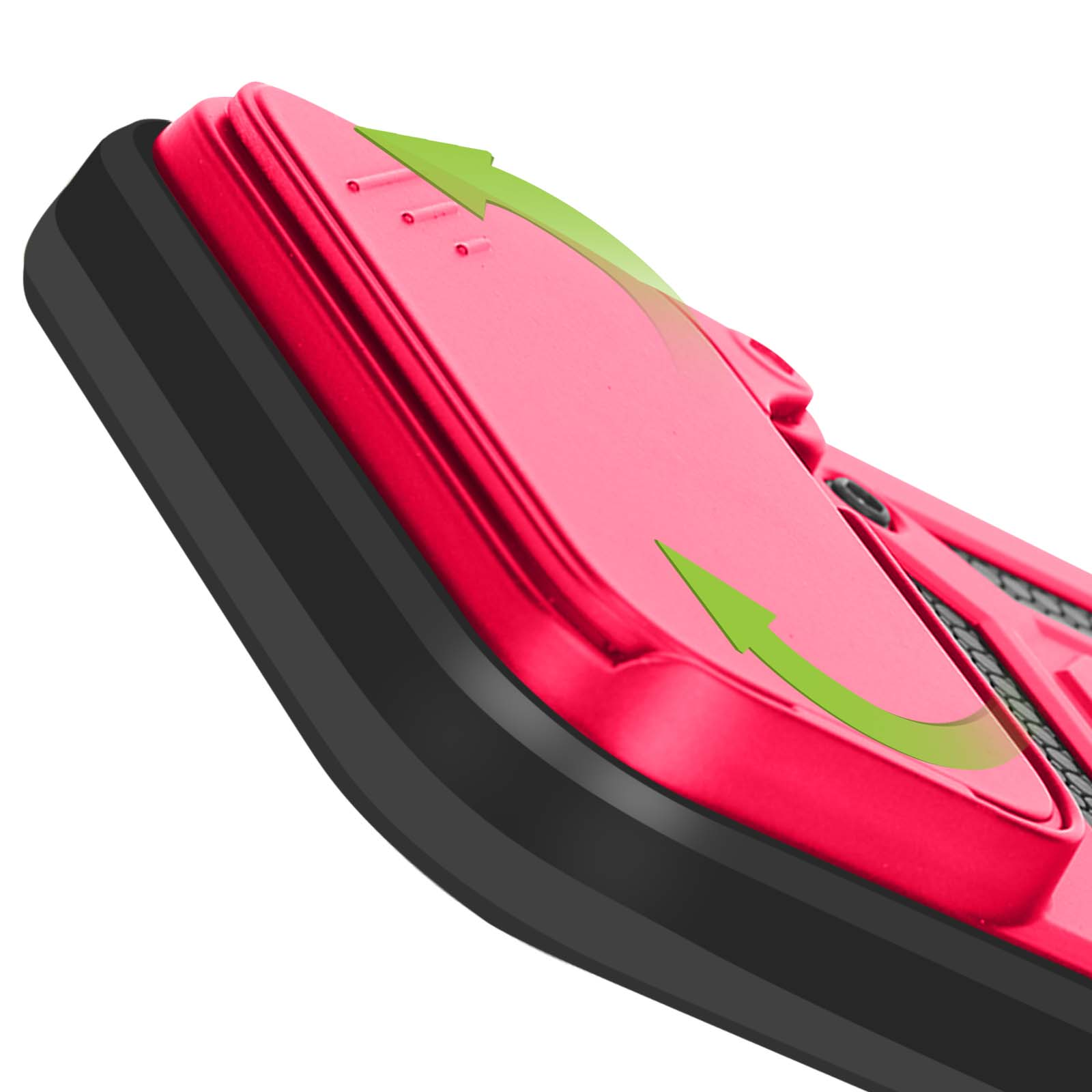 Primo piano di una custodia rosa per telefono con bordo nero. Frecce verdi indicano la rotazione. Lo sfondo è bianco.