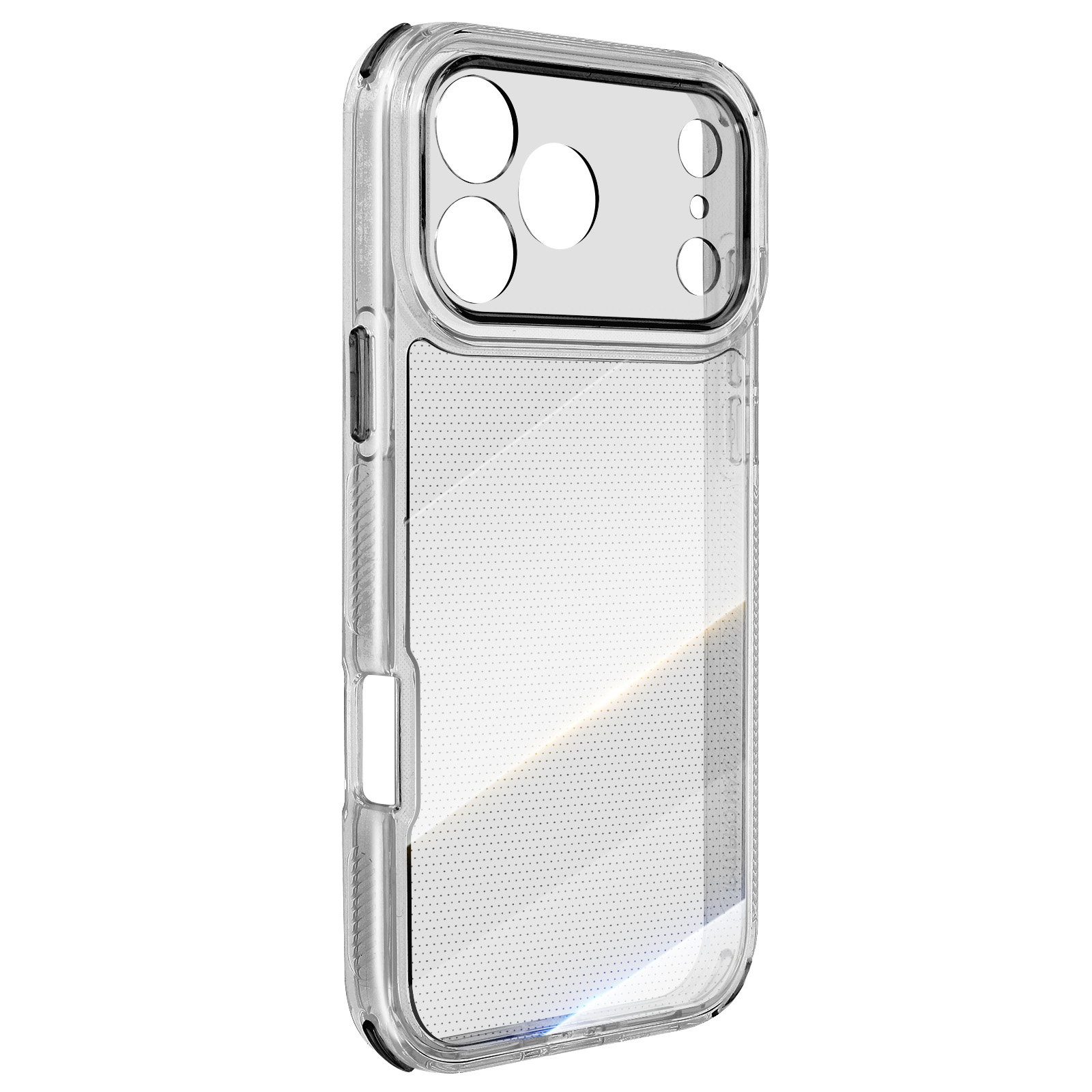 Coque de téléphone transparente. Elle comporte des découpes pour l'appareil photo et une texture pointillée au dos.