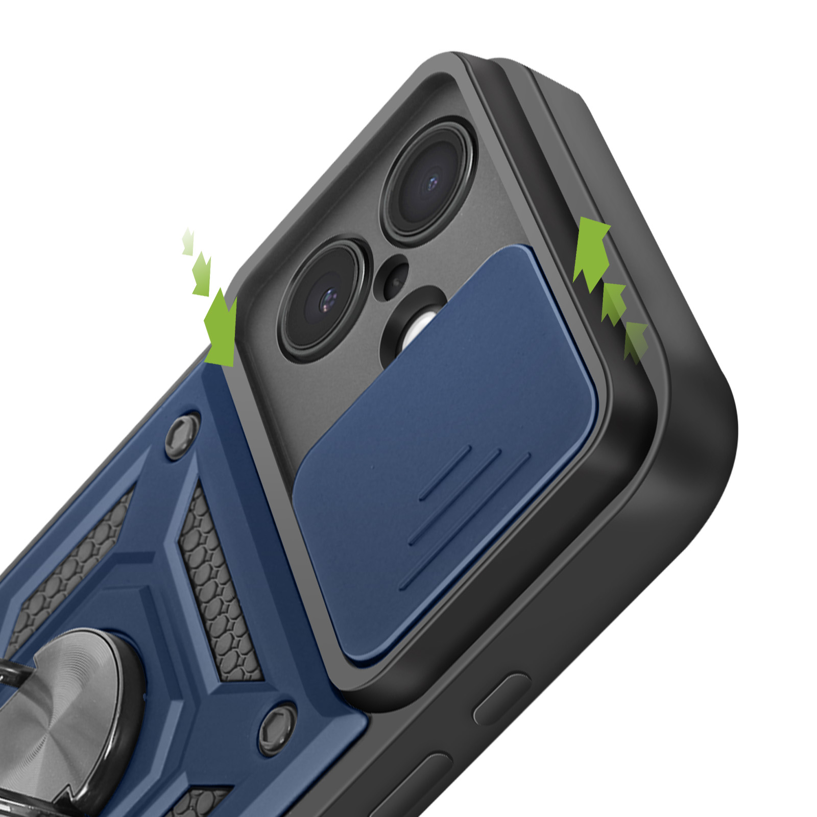 Una custodia per telefono con una copertura per fotocamera, in blu e nero. Frecce verdi puntano sulla copertura. Un anello d'argento è visibile.