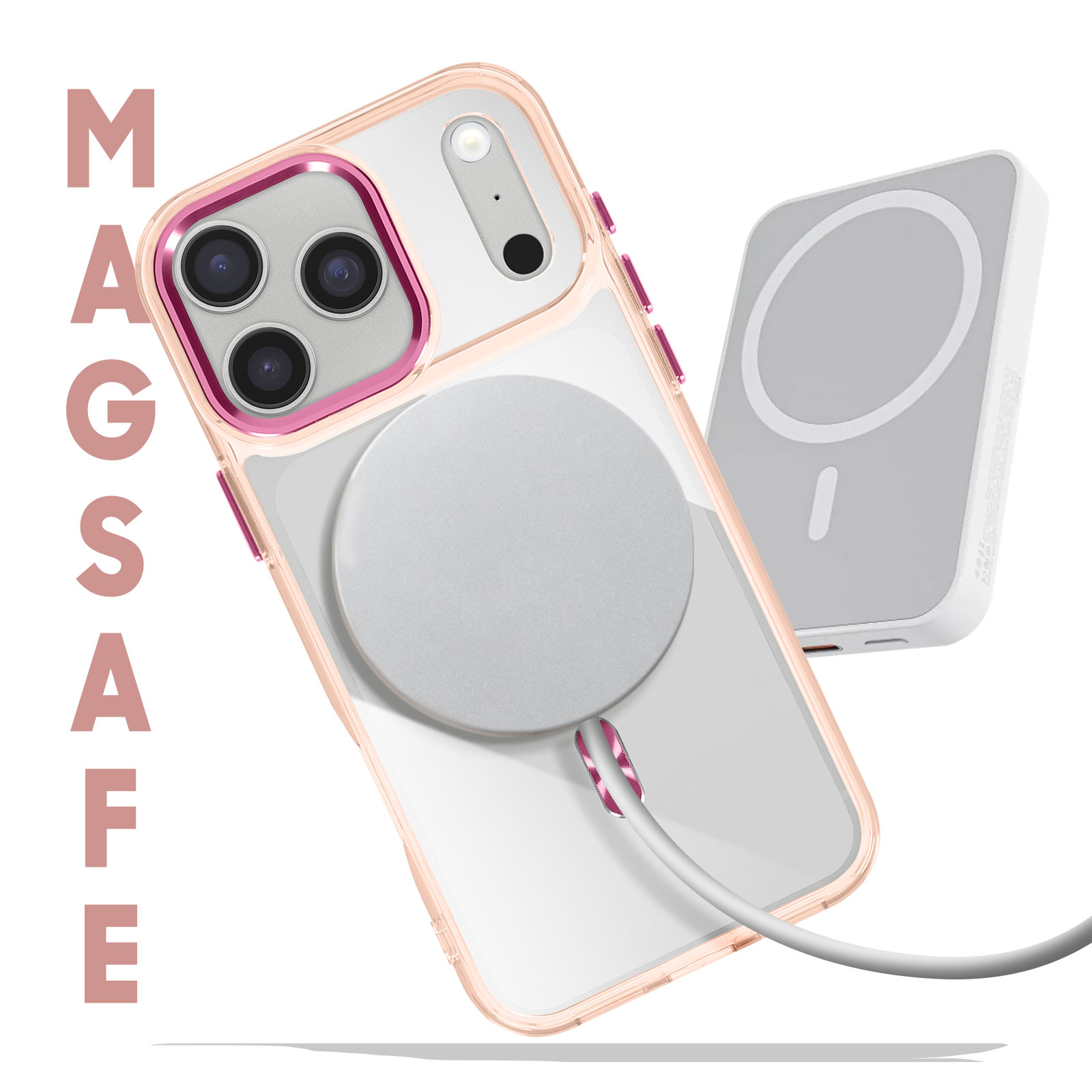 iPhone in een roze omrande hoes met MagSafe-oplader. De tekst is MAGSAFE. Witte achtergrond.