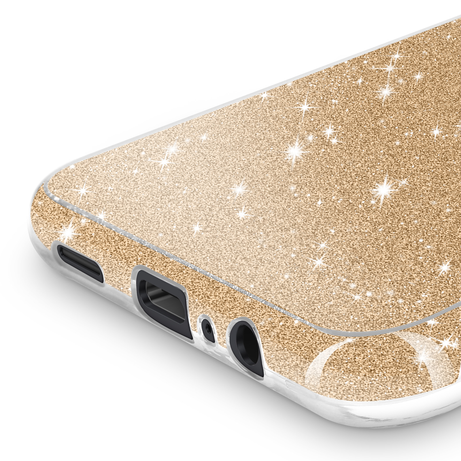 Close-up van een telefoonhoesje met gouden glitter en een witte rand. Er zijn gaten voor poorten en luidsprekers.