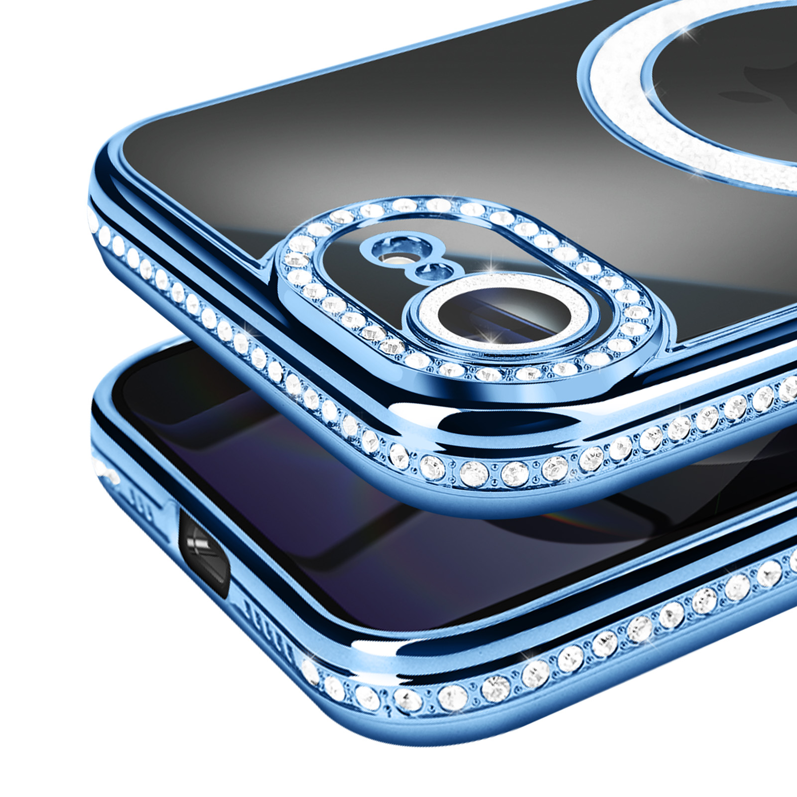 Close-up van twee blauwe telefoonhoesjes. Beide zijn versierd met strass-steentjes en hebben camera-uitsparingen.