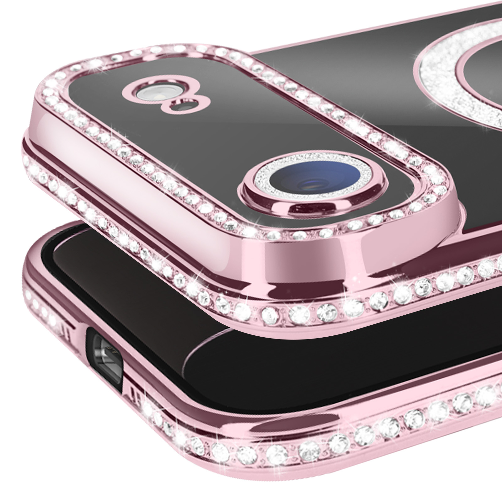 Close-up van een roze telefoonhoesje met een diamantachtige rand. De cameralens is zichtbaar.