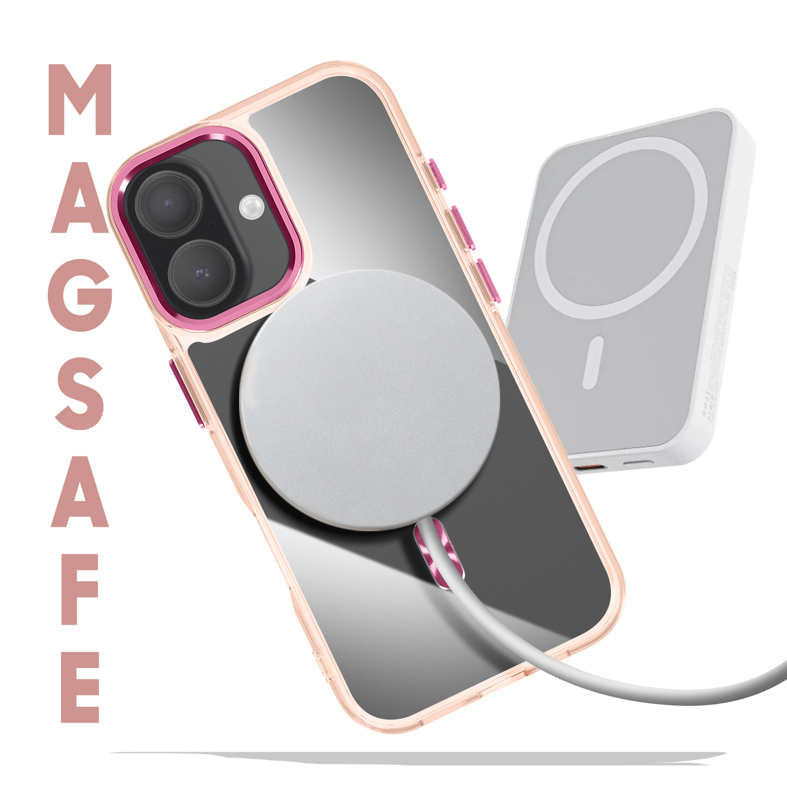 Een iPhone-hoesje en oplader worden getoond. De hoes is roze, transparant en heeft een MagSafe-oplader.